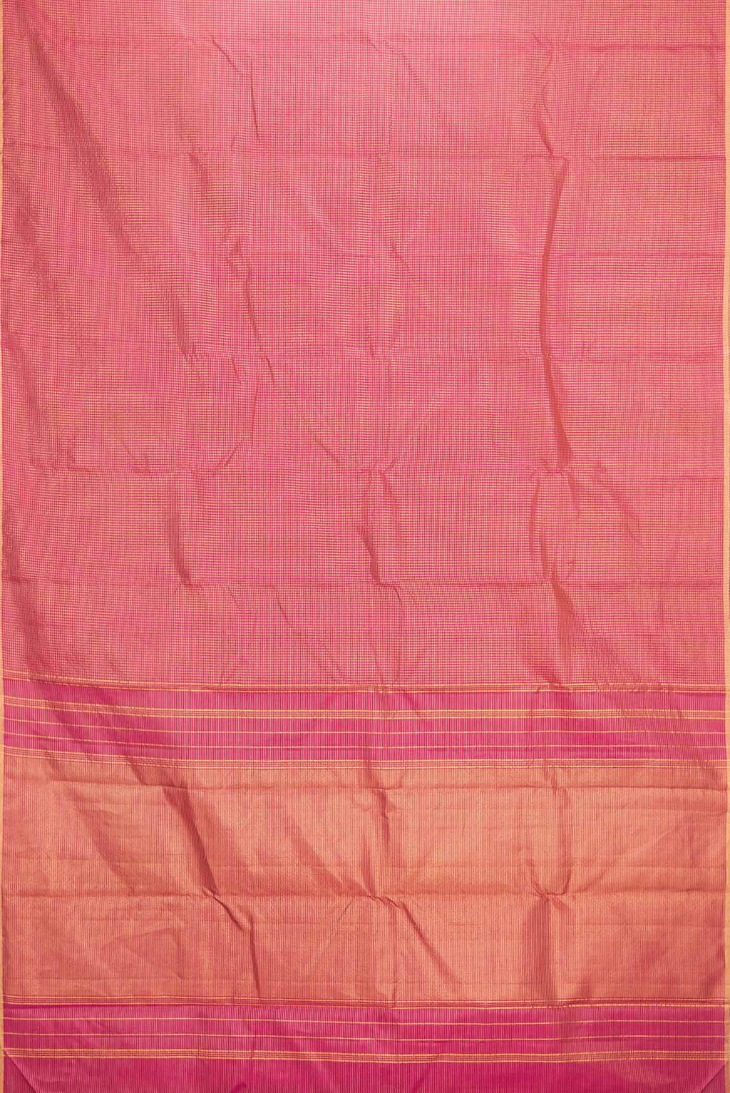 Flat view of Red Dual Tone Kanchipuram Saree with Checked design on the body and Zari Border