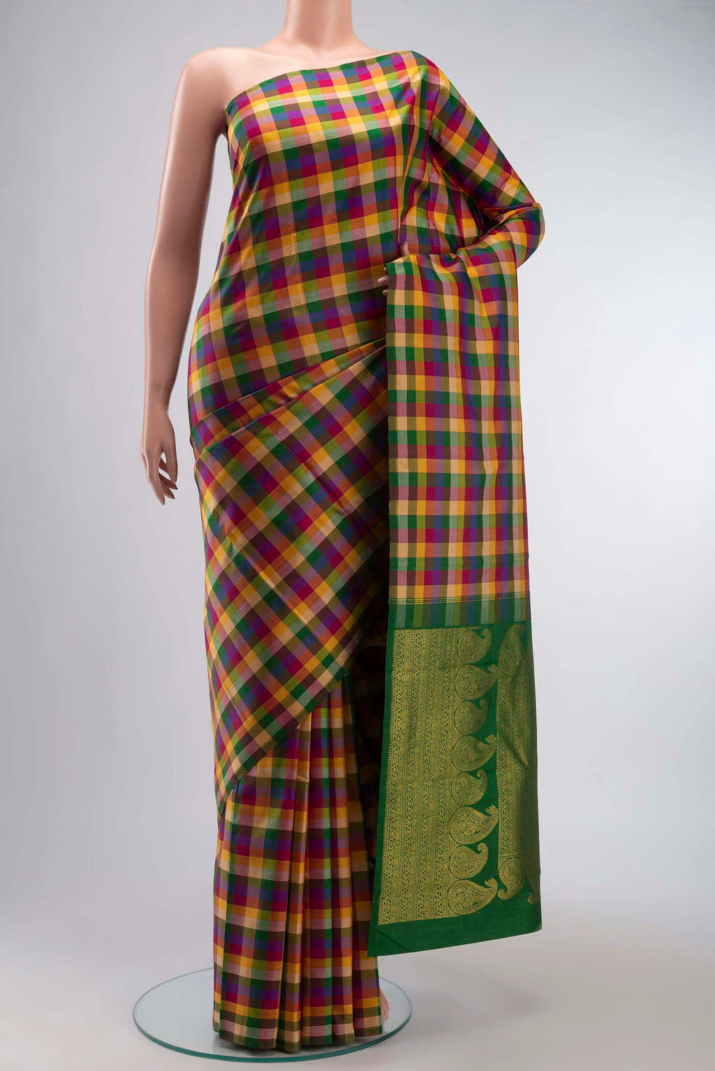 Multi Color Kanchipuram Silk Saree with Checked design on the body and Without Border displayed on a mannequin