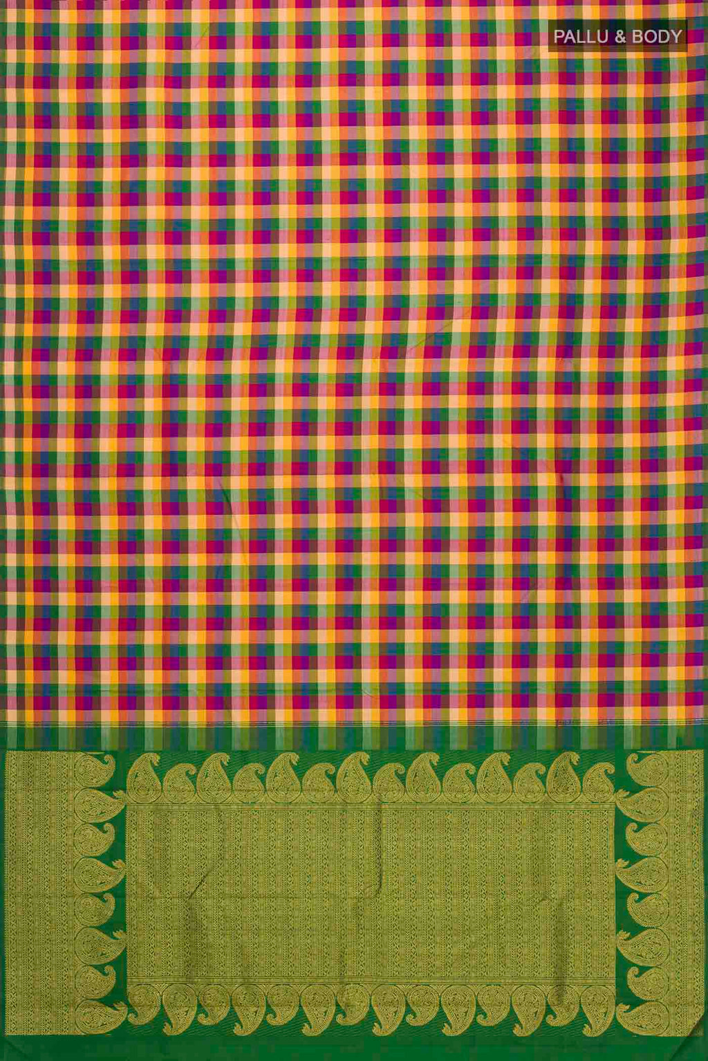 Flat view of Multi Color Kanchipuram Silk Saree with Checked design on the body and Without Border