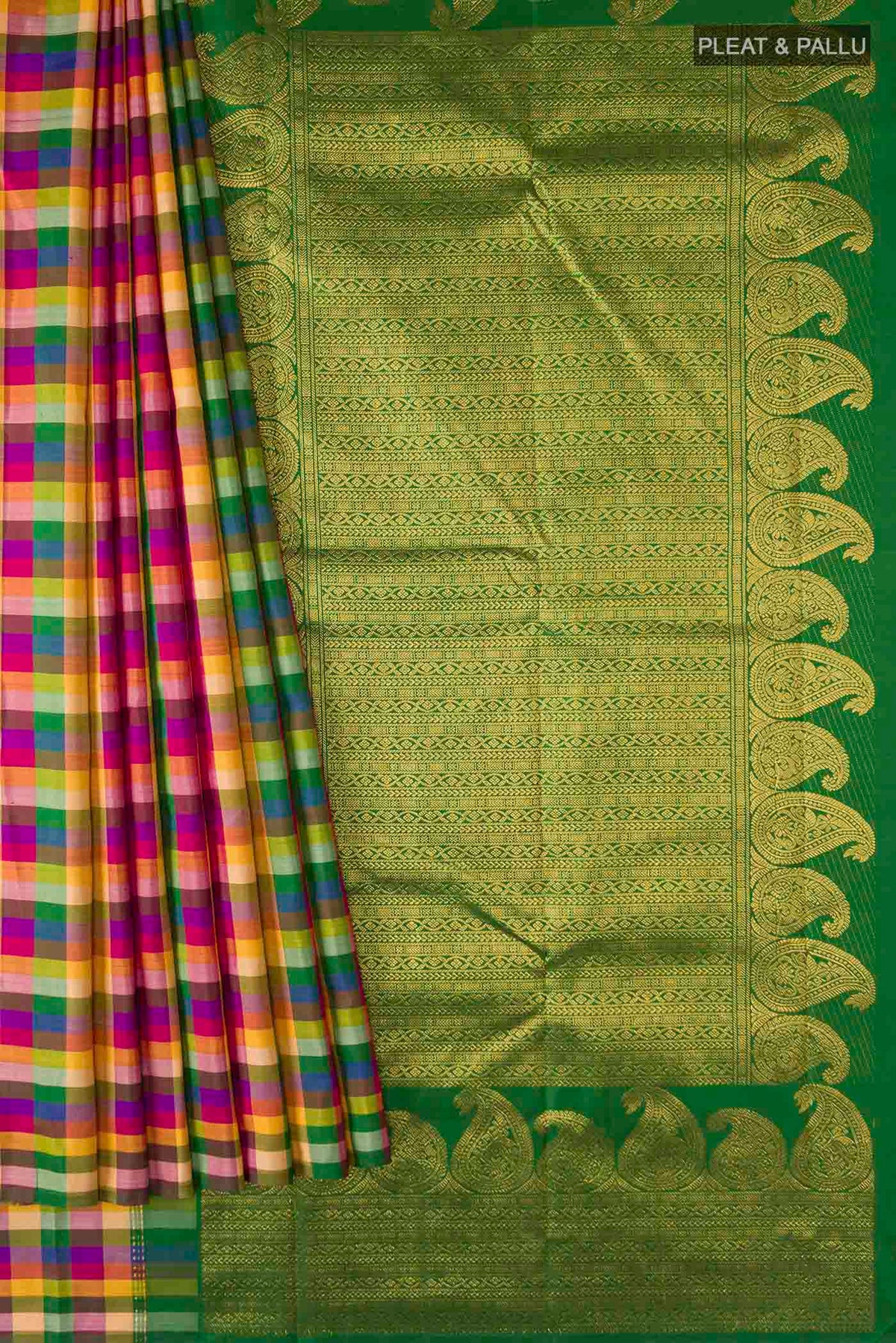 Pleats and pallu of Multi Color Kanchipuram Silk Saree with Checked design on the body and Without Border