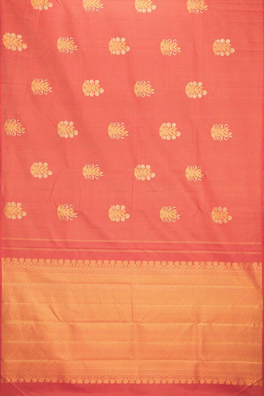 Flat view of Red Dual Tone Kanchipuram Saree with Checked design on the body and Without Border