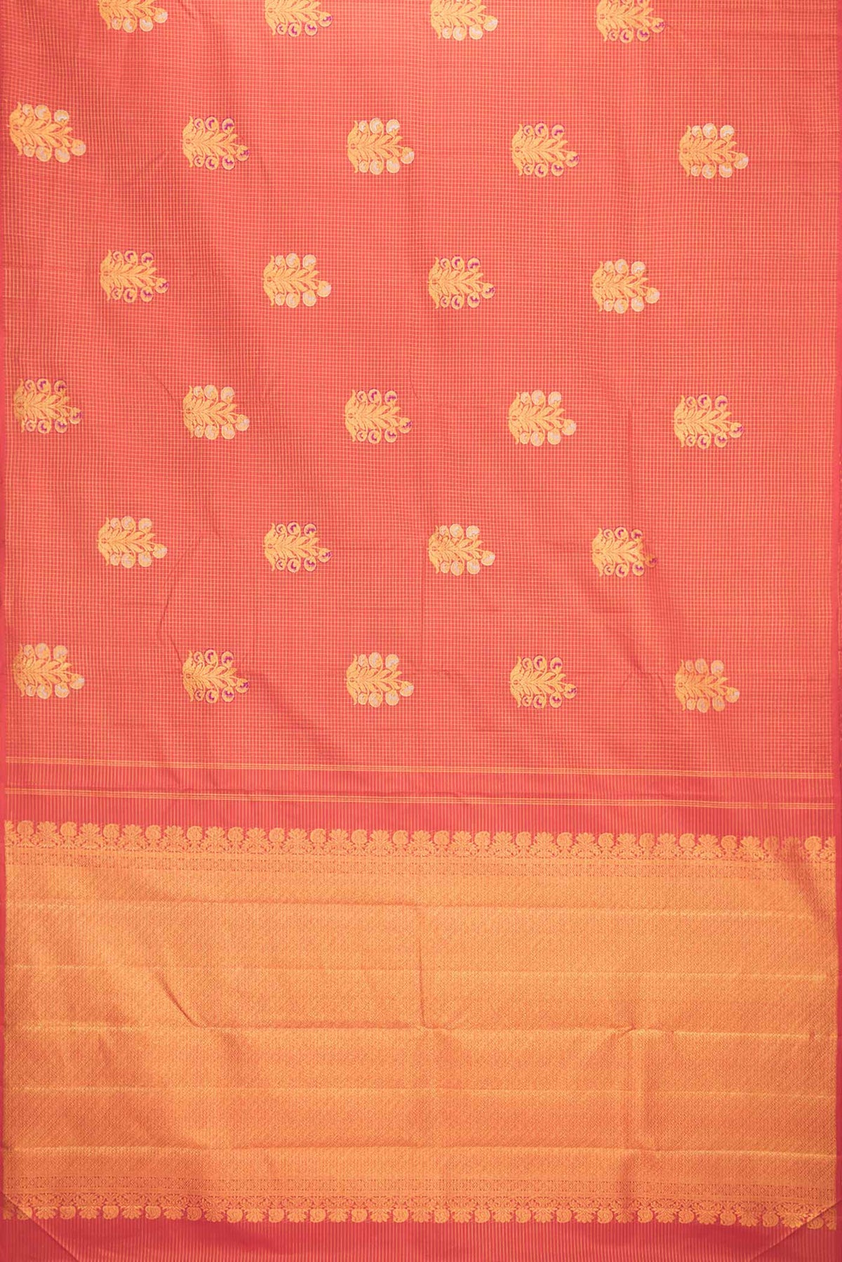 Flat view of Red Dual Tone Kanchipuram Saree with Checked design on the body and Without Border