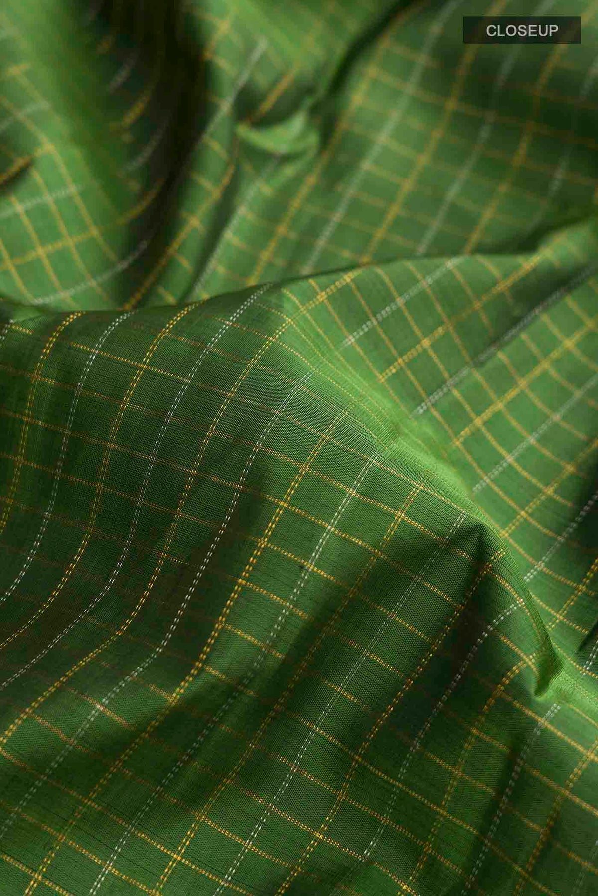 Close up of Green Kanchipuram Silk Saree with Checked design on the body and Zari Border displaying folds