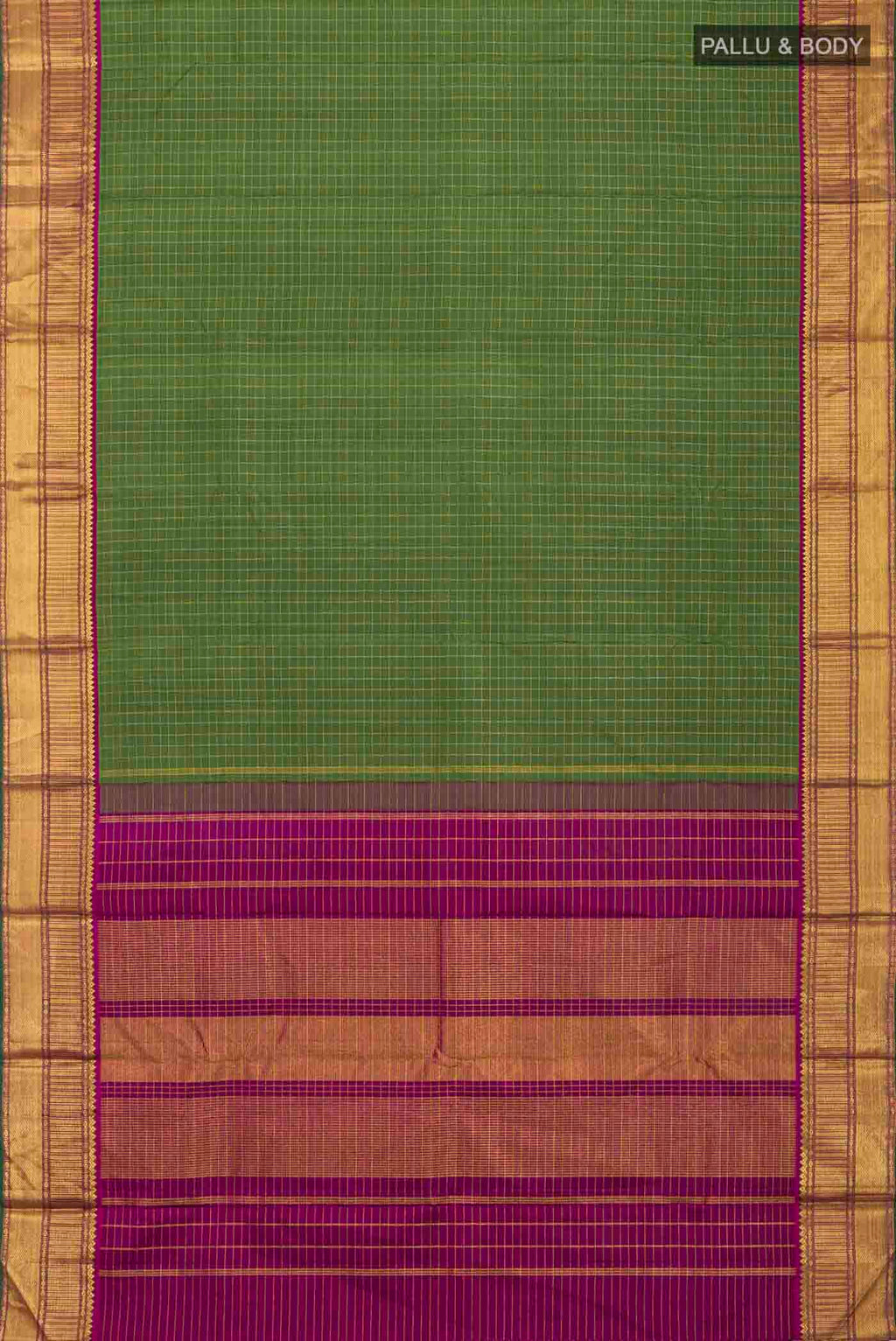 Flat view of Green Kanchipuram Silk Saree with Checked design on the body and Zari Border