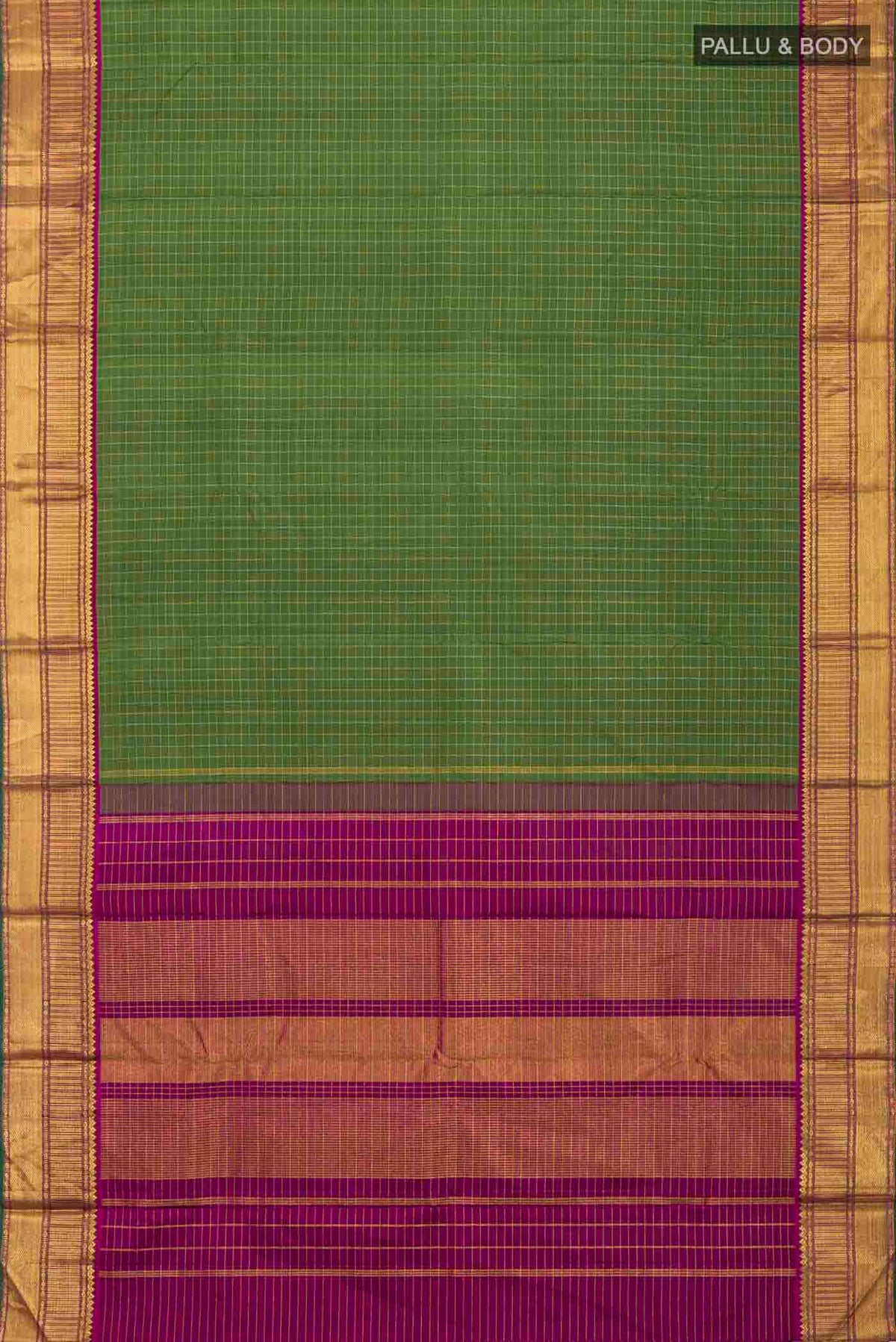 Flat view of Green Kanchipuram Silk Saree with Checked design on the body and Zari Border