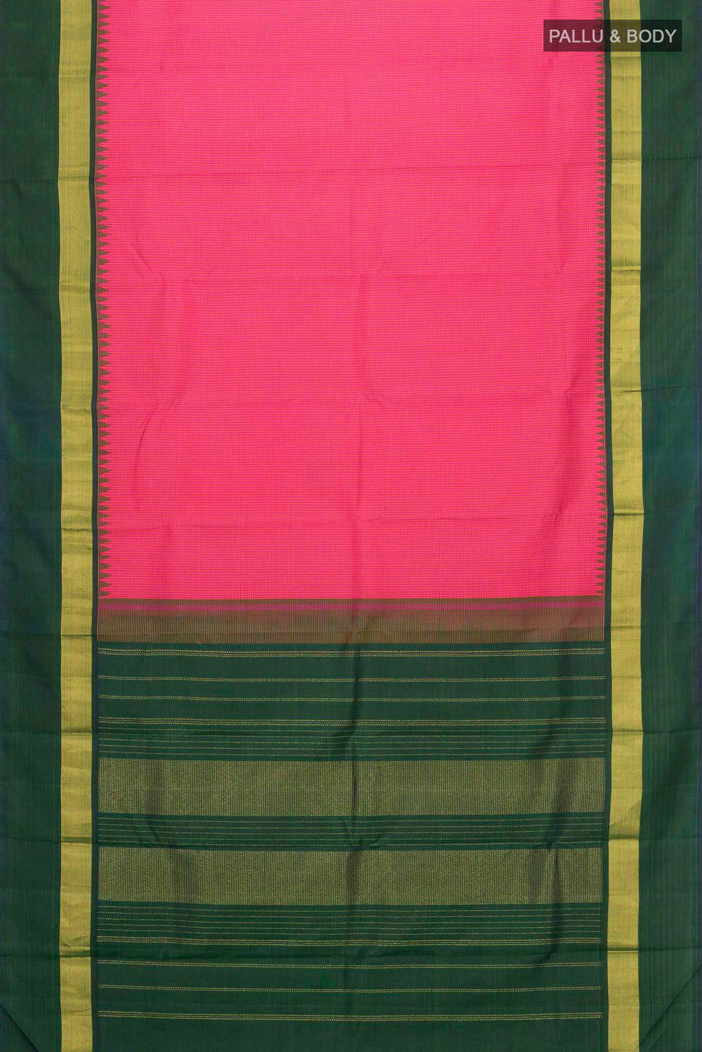 Flat view of Pink Kanchipuram Silk Saree with Checked design on the body and Zari Border