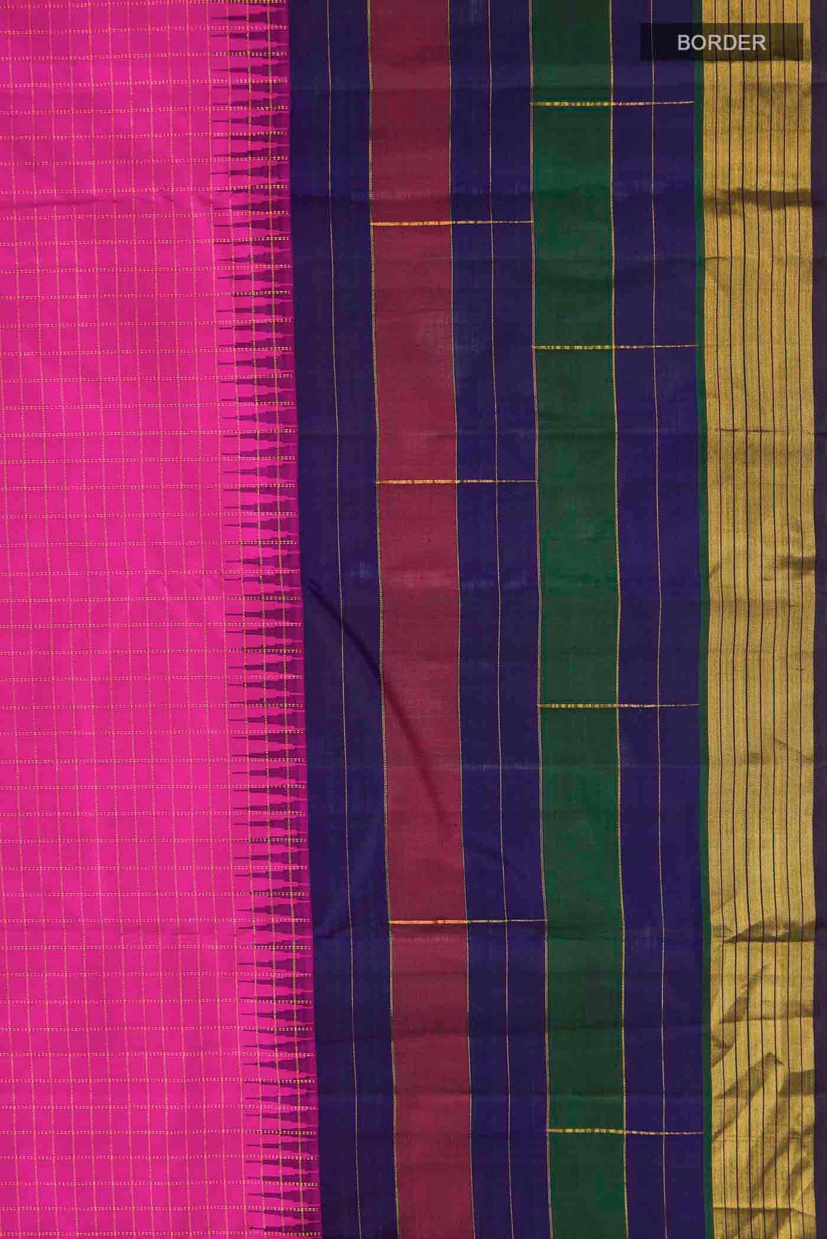 Border image of Pink Kanchipuram Silk Saree with Checked design on the body and Zari Border