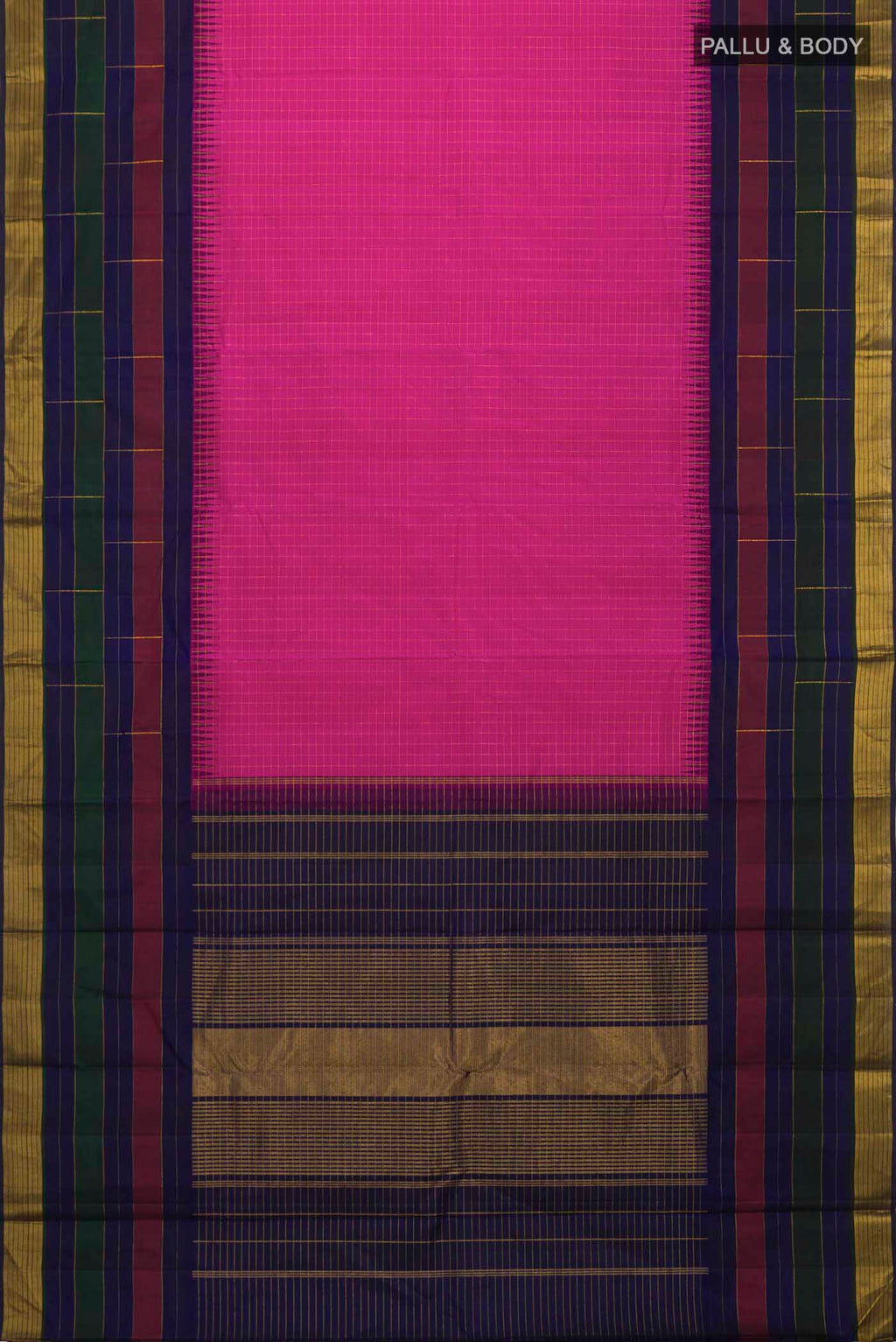 Flat view of Pink Kanchipuram Silk Saree with Checked design on the body and Zari Border