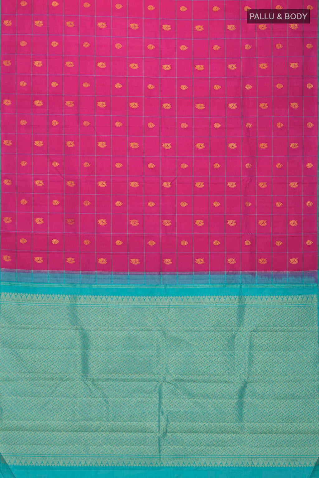 Flat view of Pink Kanchipuram Silk Saree with Zari Butta on the body and Plain Border