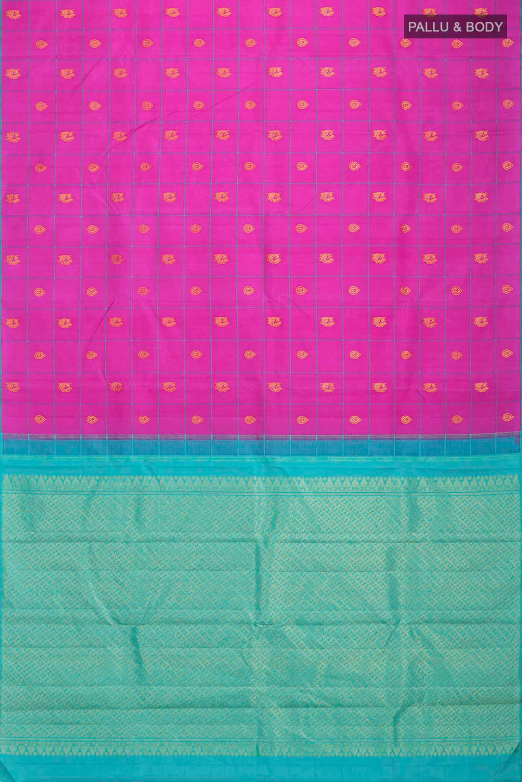 Flat view of Pink Kanchipuram Silk Saree with Zari Butta on the body and Plain Border