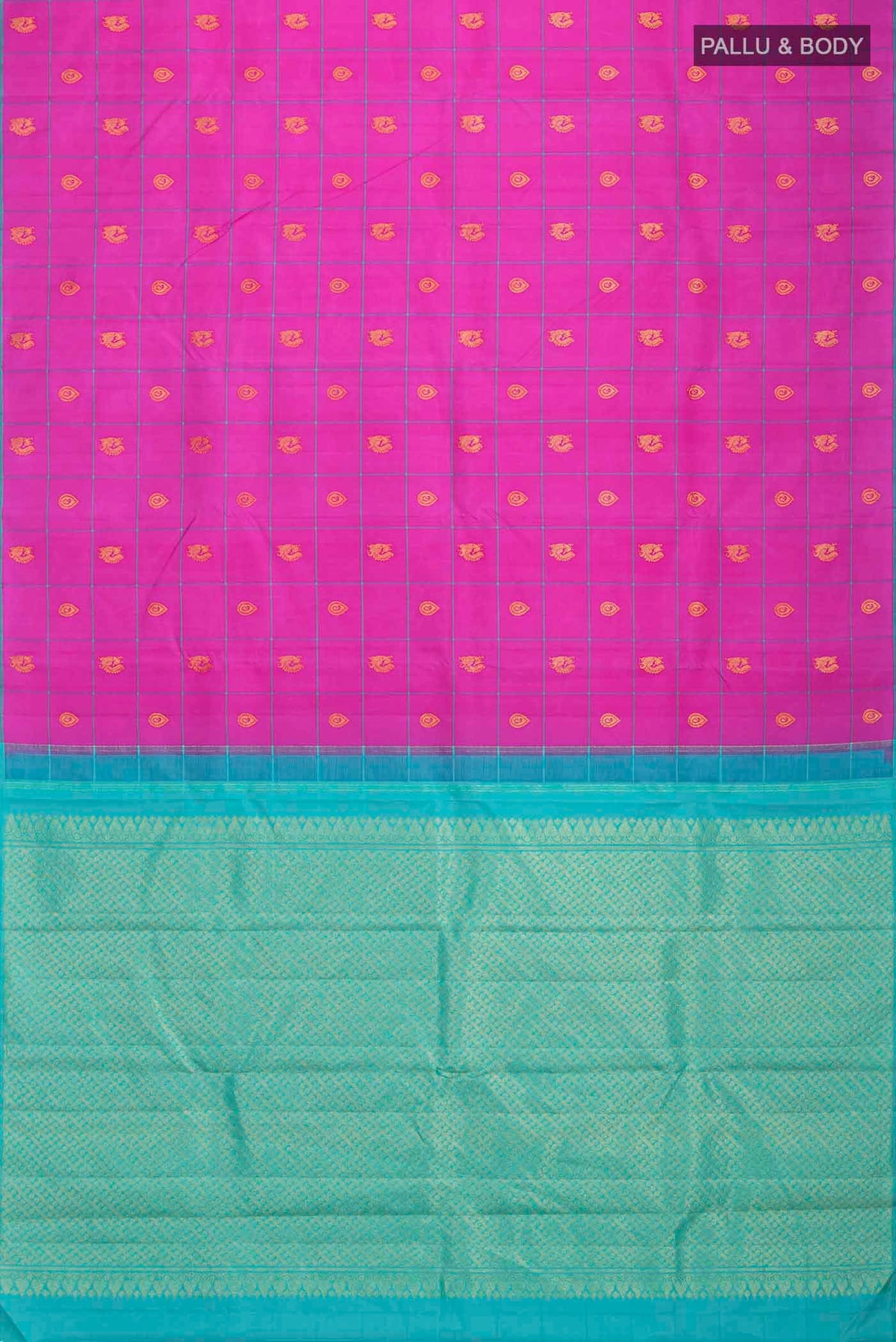 Flat view of Pink Kanchipuram Silk Saree with Zari Butta on the body and Plain Border