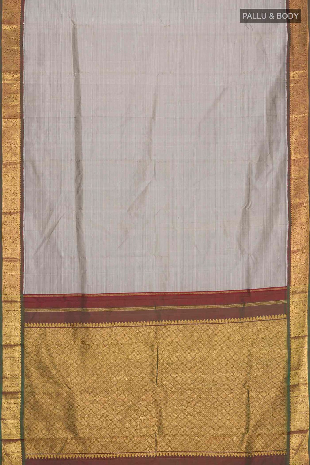 Flat view of Grey Kanchipuram Silk Saree with Plain Body and Zari Border