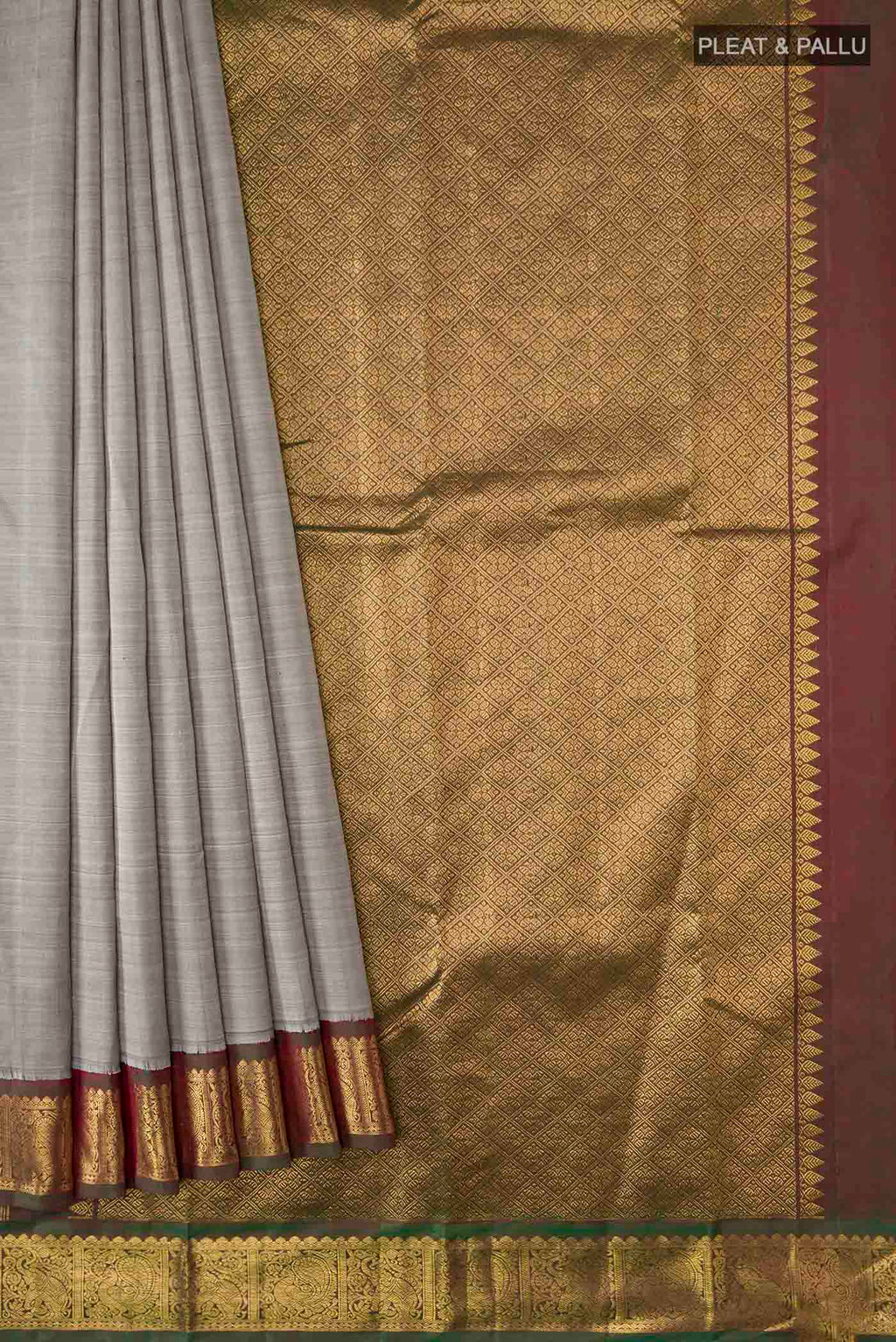 Pleats and pallu of Grey Kanchipuram Silk Saree with Plain Body and Zari Border