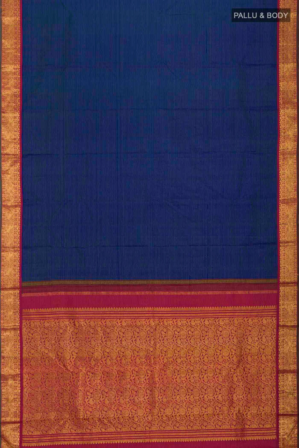 Flat view of Blue Kanchipuram Silk Saree with Stripes on the body and Zari Border