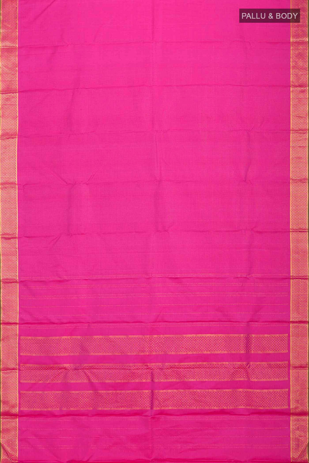 Flat view of Pink Kanchipuram Silk Saree with Checked design on the body and Zari Border