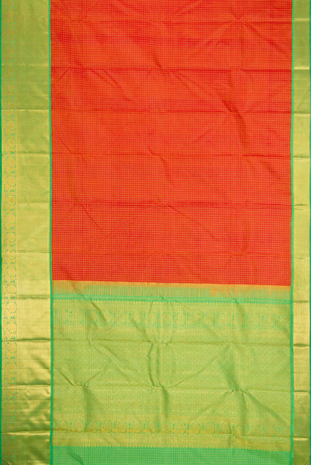 Flat view of Pure Silk Pure Zari Orange Dual Tone Kanchipuram Saree with Stripes on the body and Zari Border