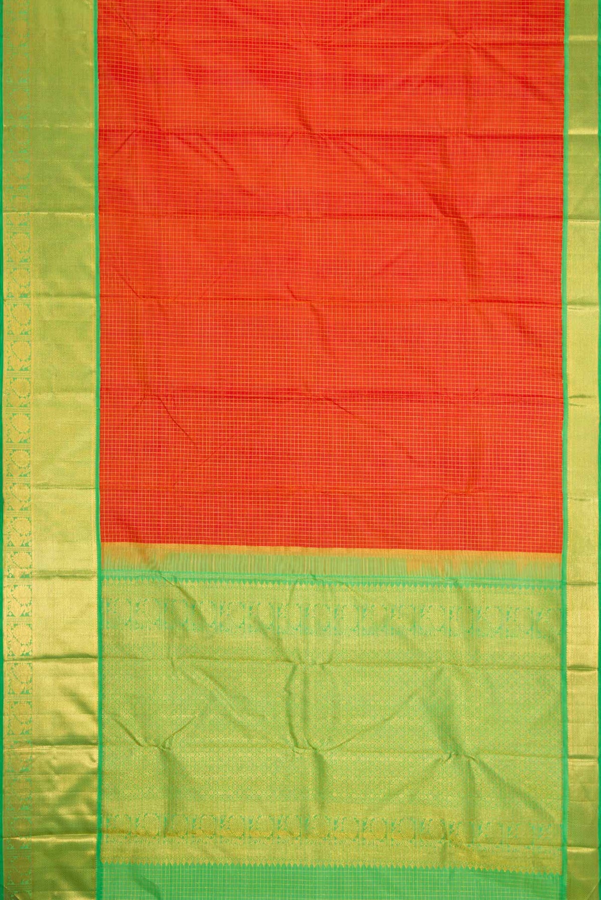 Flat view of Pure Silk Pure Zari Orange Dual Tone Kanchipuram Saree with Stripes on the body and Zari Border