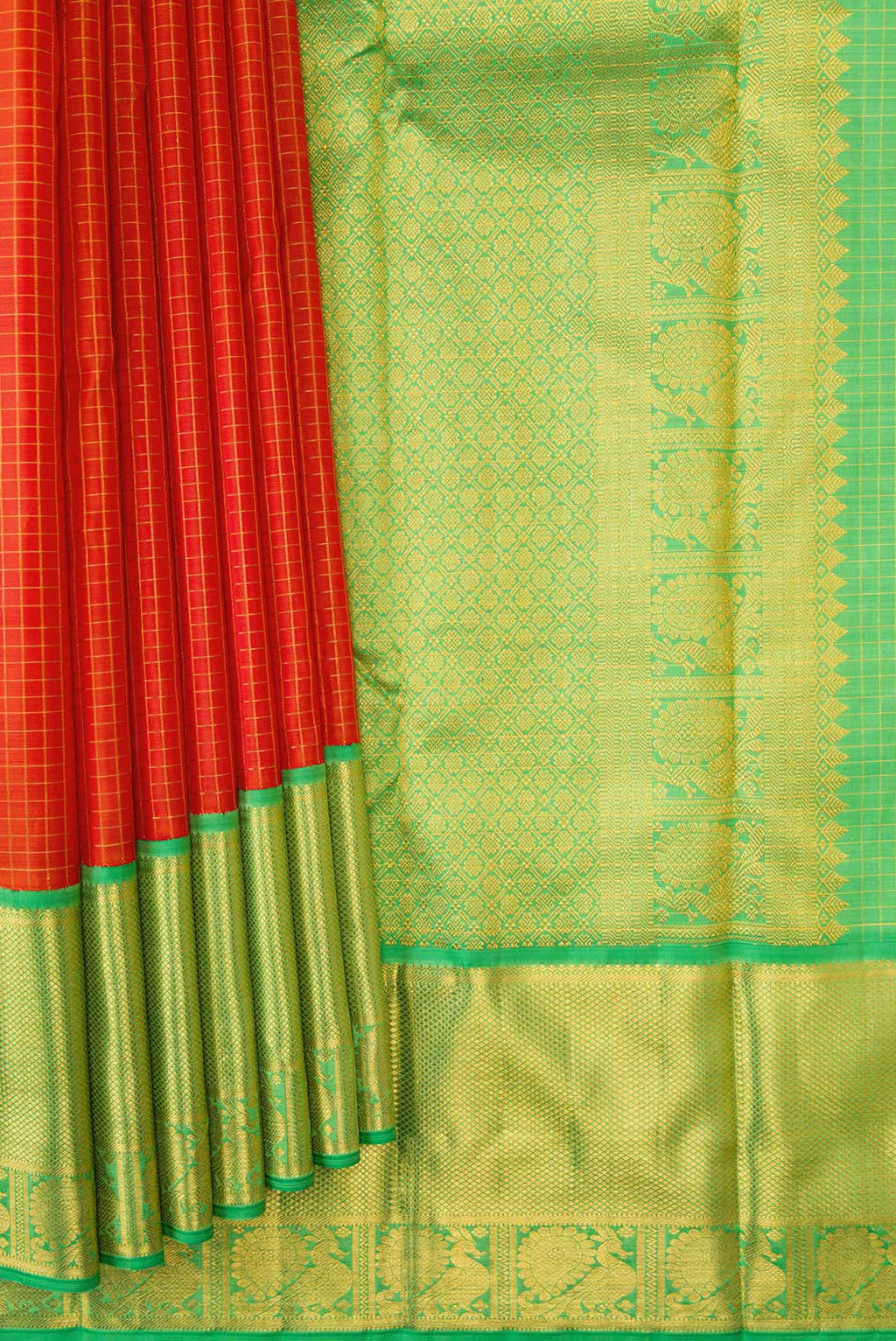 Pleats and pallu of Pure Silk Pure Zari Orange Dual Tone Kanchipuram Saree with Stripes on the body and Zari Border
