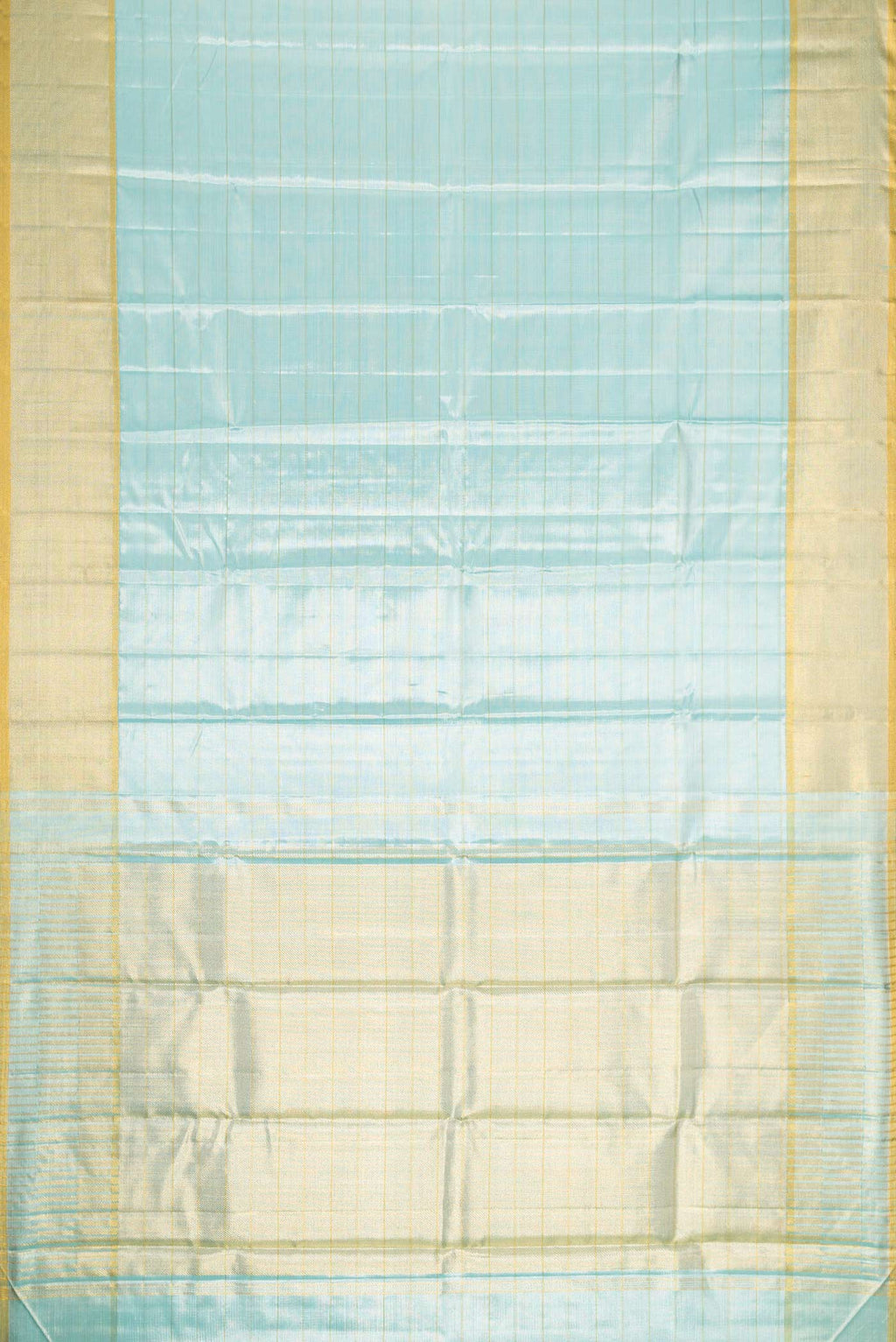 Flat view of Sky Blue Dual Tone Kanchipuram Tissue Silk Saree with Stripes on the body and Zari Border