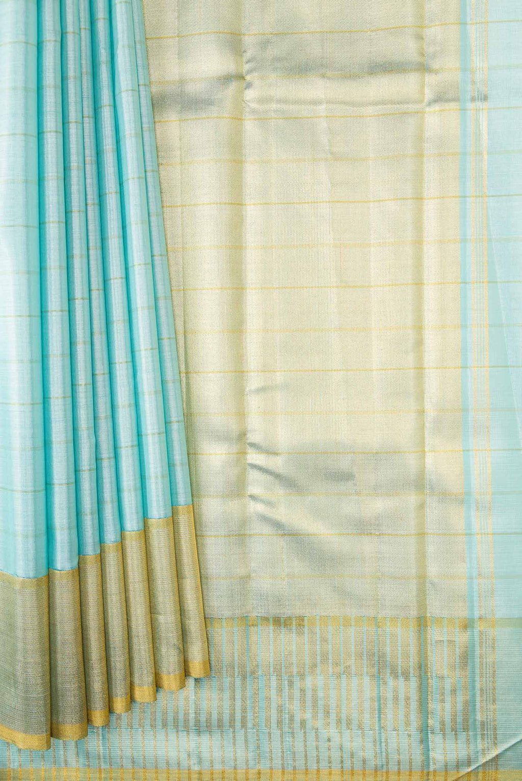 Pleats and pallu of Sky Blue Dual Tone Kanchipuram Tissue Silk Saree with Stripes on the body and Zari Border