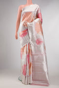 Pink , Maroon and Orange Dual Tone Kanchipuram Silk Saree with Zari Brocade on the body and Zari Border displayed on a mannequin