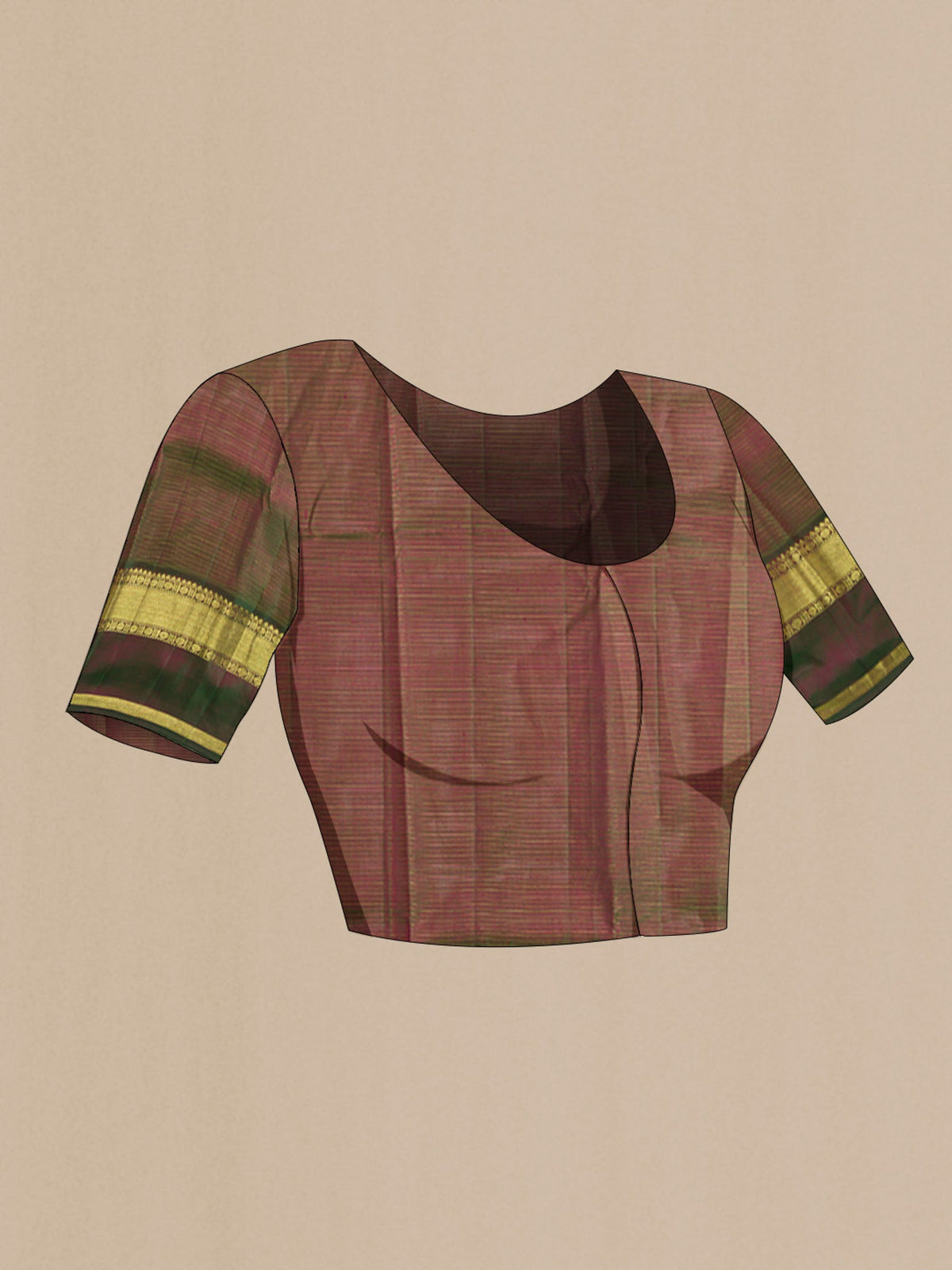 Close up image of the blouse of Violet Kanchipuram Silk Saree with Stripes on the body and Zari Border