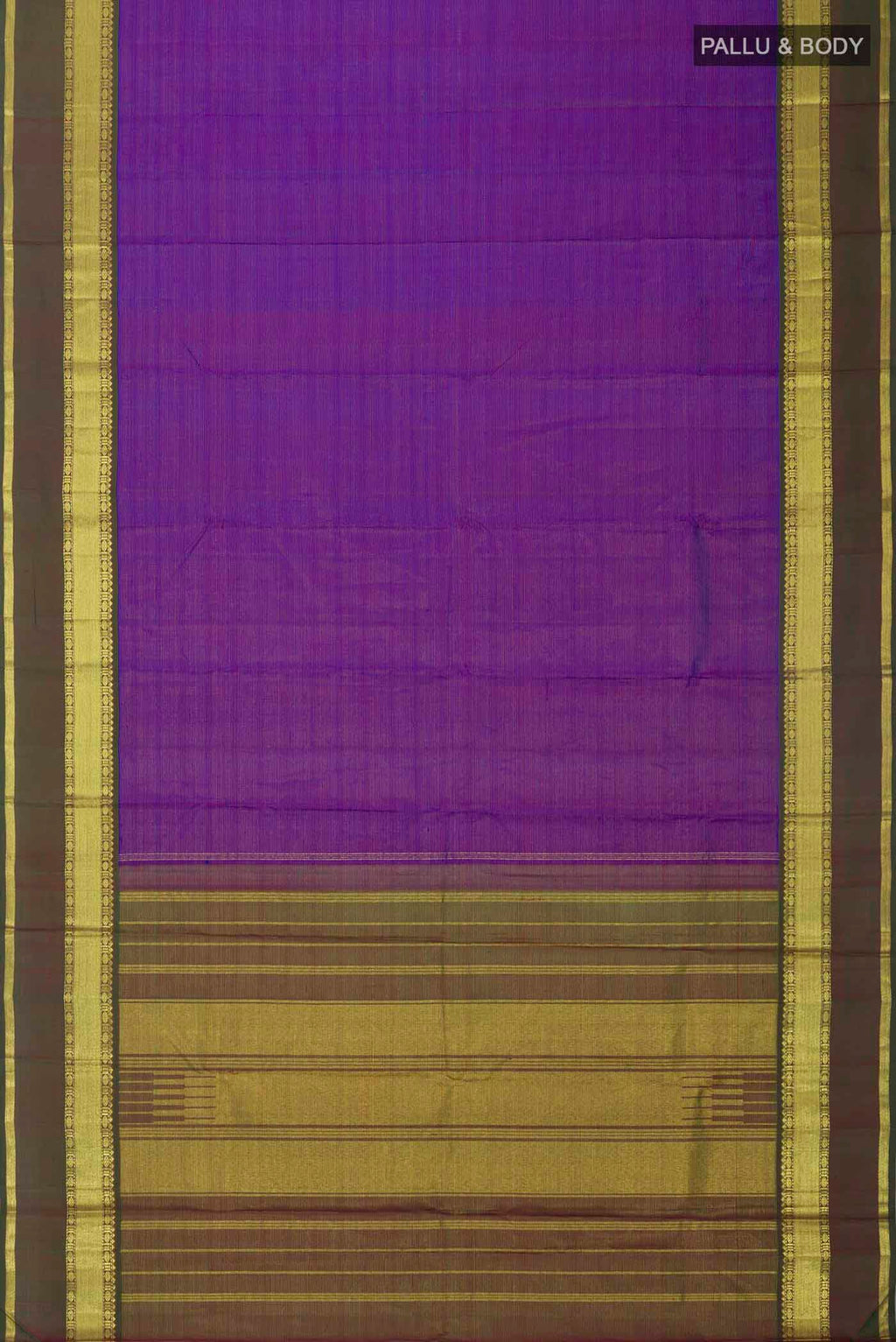 Flat view of Violet Kanchipuram Silk Saree with Stripes on the body and Zari Border