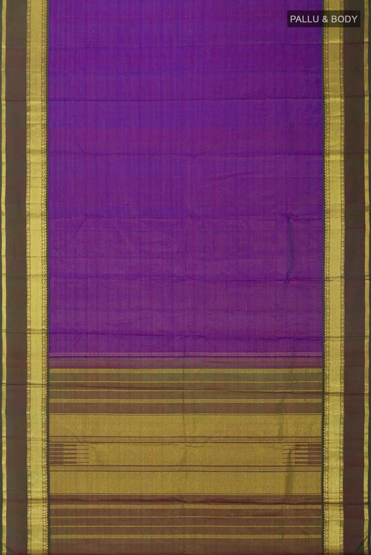 Flat view of Violet Kanchipuram Silk Saree with Stripes on the body and Zari Border