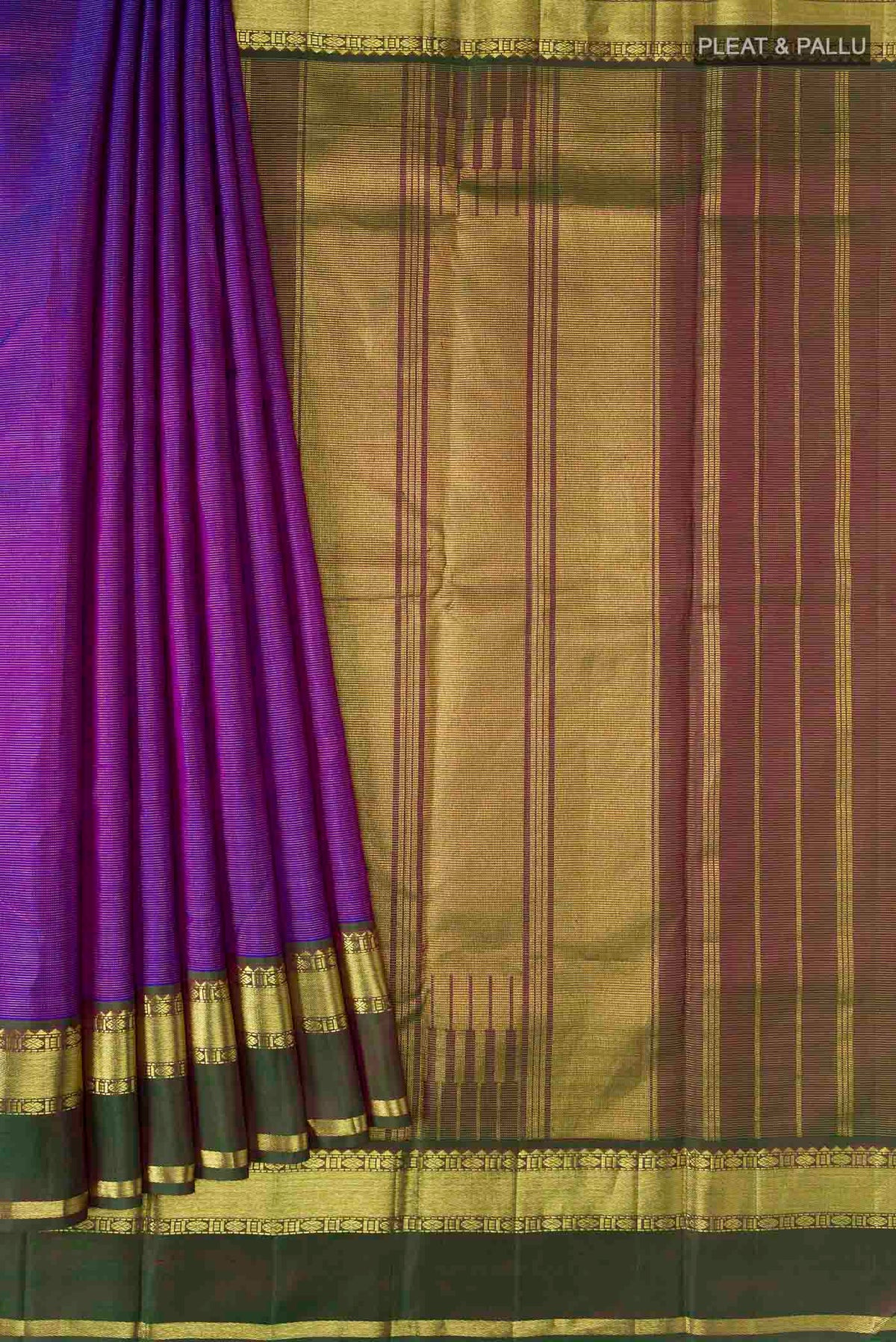 Pleats and pallu of Violet Kanchipuram Silk Saree with Stripes on the body and Zari Border