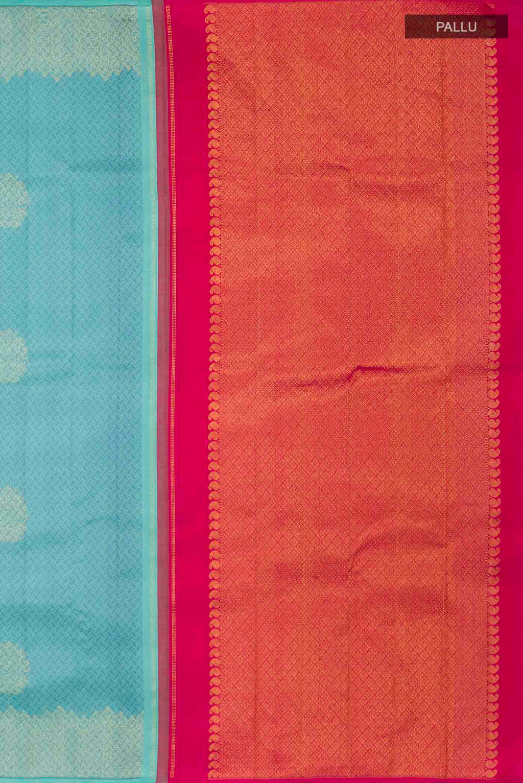 Close up image of the pallu of Green Kanchipuram Silk Saree with Jacquard With Zari Butta on the body and Without Border