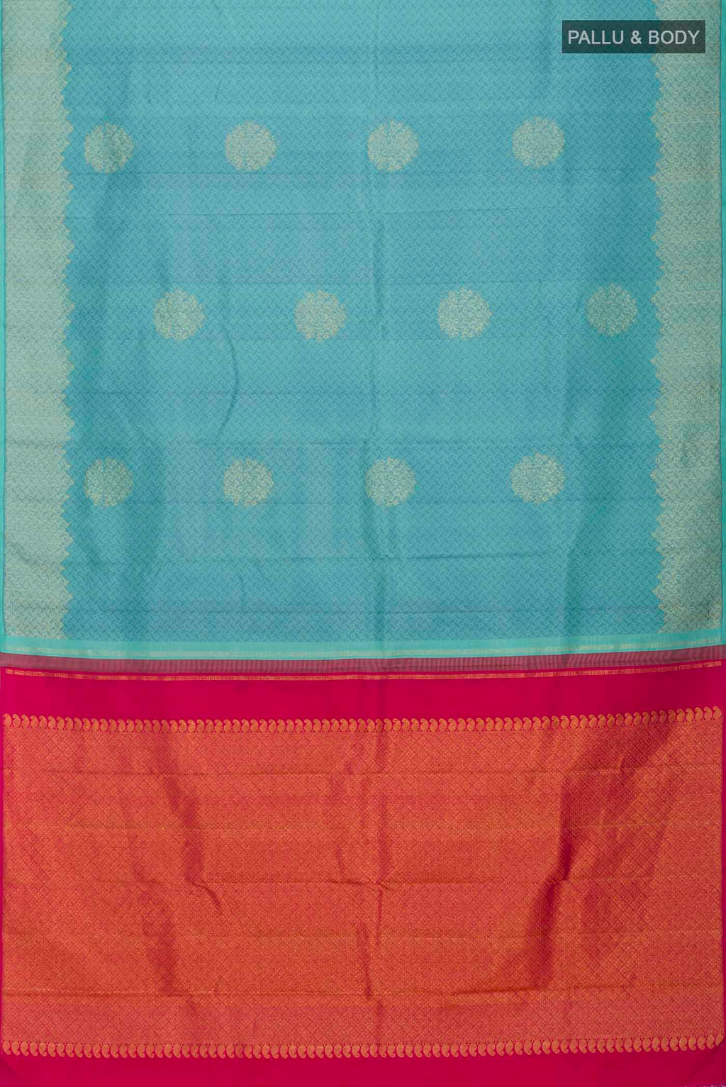 Flat view of Green Kanchipuram Silk Saree with Jacquard With Zari Butta on the body and Without Border