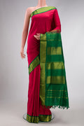 Pure Silk Pure Zari Maroon Dual Tone Kanjivaram Nine Yards Saree with Plain Body and Zari Border.  displayed on a mannequin