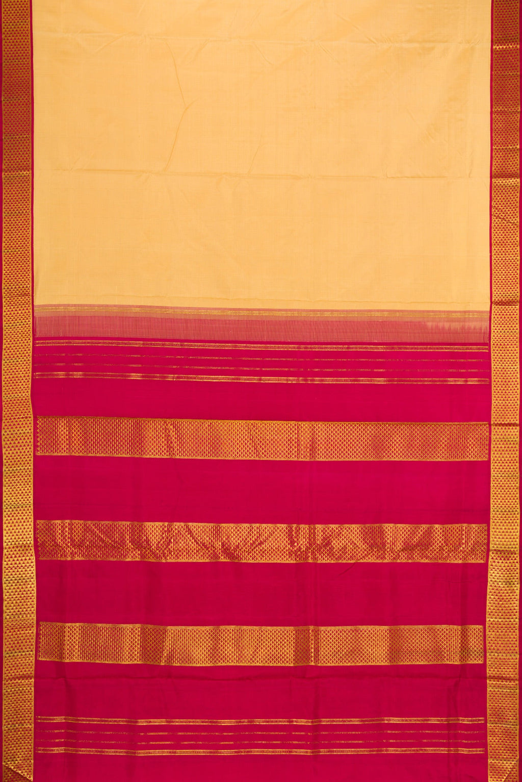Flat view of Sandal Dual Tone Kanjivaram Silk Nine Yards Saree with Stripes on the body and Zari Border. 