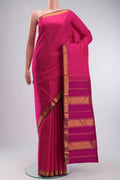 Pink Kanchipuram Silk Saree with Plain Body and Zari Border displayed on a mannequin