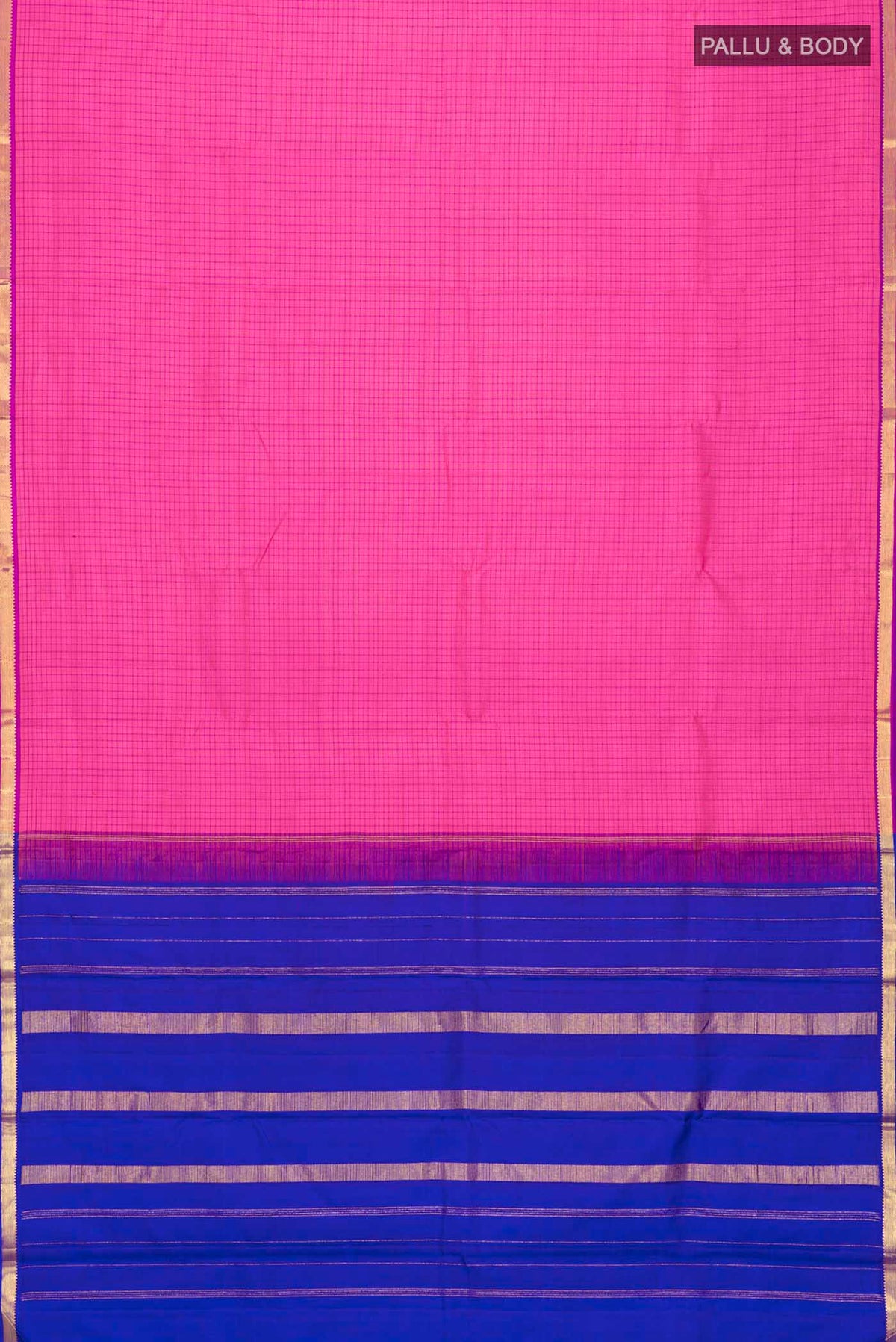 Flat view of Pink Kanchipuram Silk Saree with Checked design on the body and Zari Border