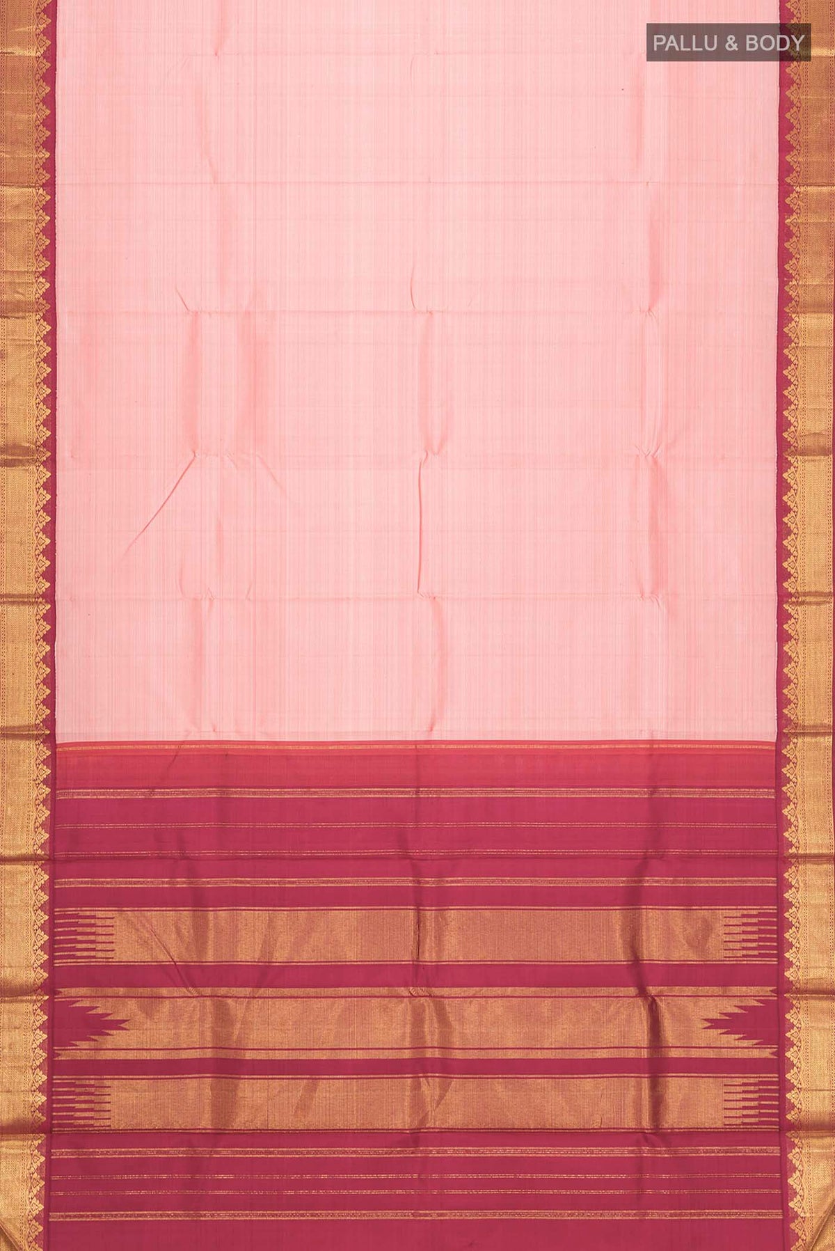 Flat view of Peach Kanchipuram Silk Saree with Plain Body and Zari Border