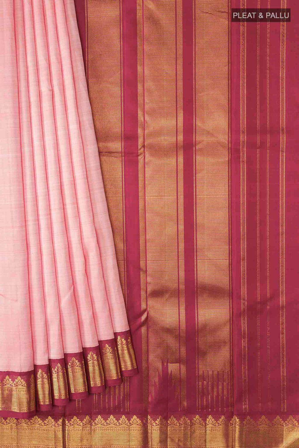 Pleats and pallu of Peach Kanchipuram Silk Saree with Plain Body and Zari Border