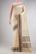 Sandal Dual Tone Kanchipuram Silk Saree with Plain Body and Thread Border.  displayed on a mannequin