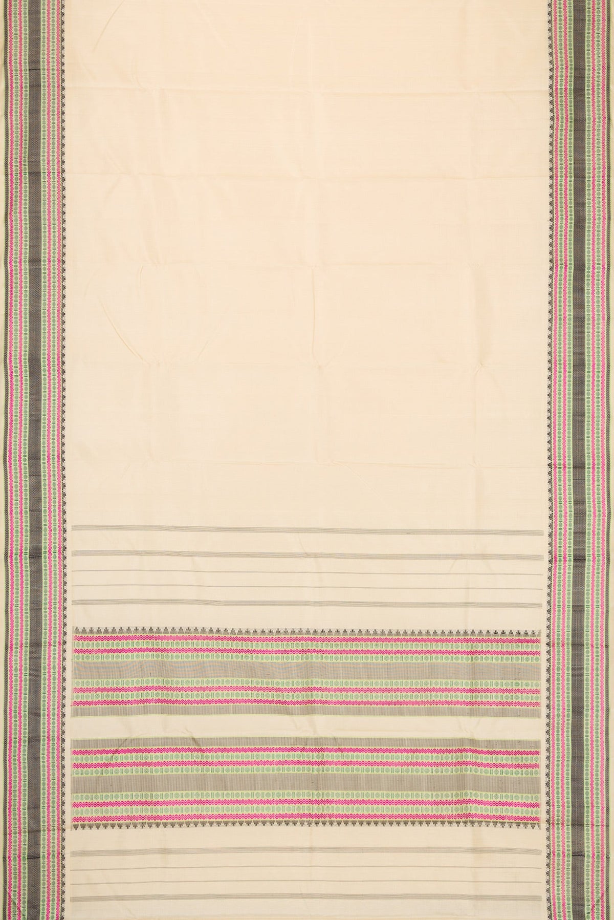 Flat view of Sandal Dual Tone Kanchipuram Silk Saree with Plain Body and Thread Border. 