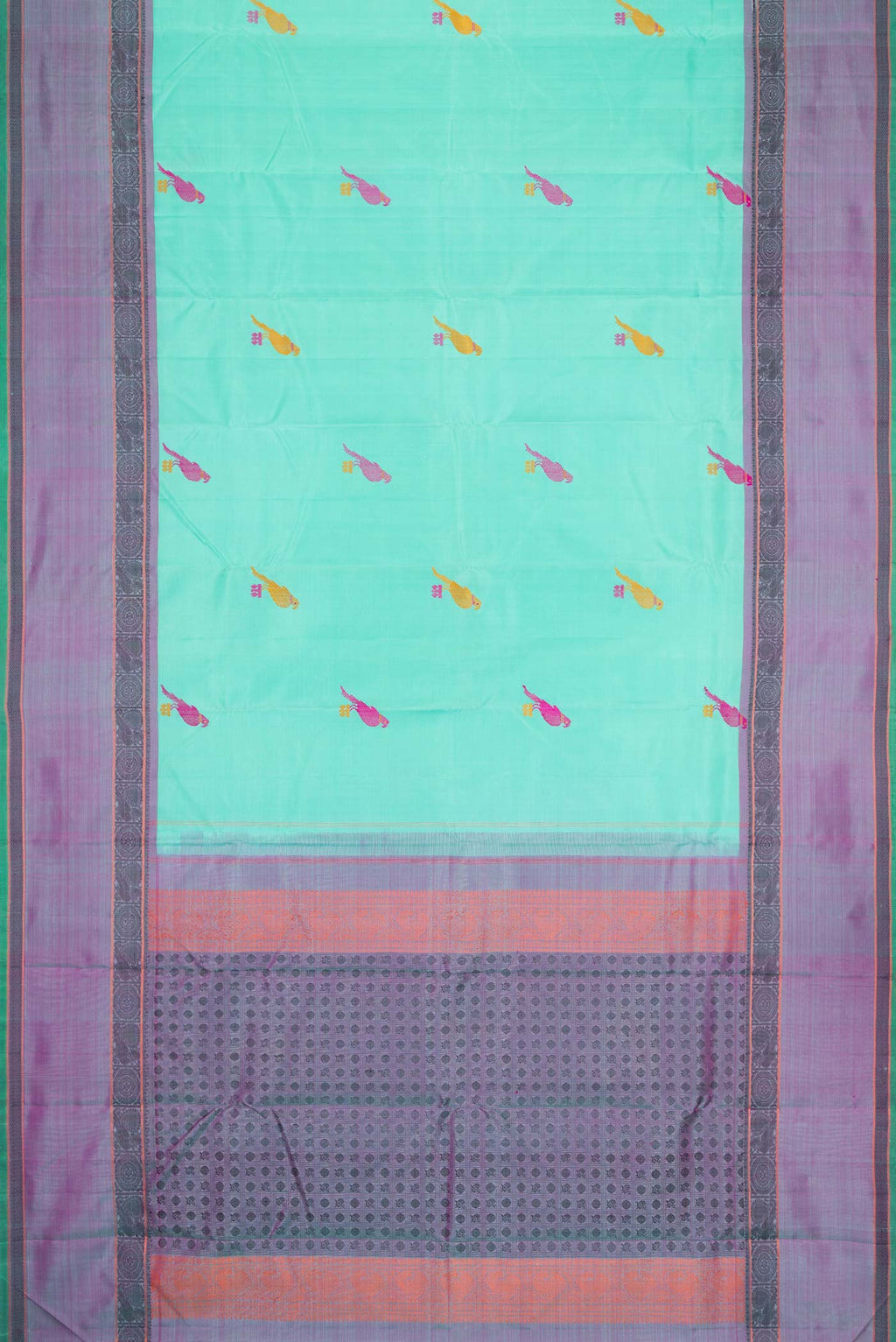 Flat view of Sky Blue Dual Tone Kanchipuram Silk Saree with Thread Butta on the body and Thread Border