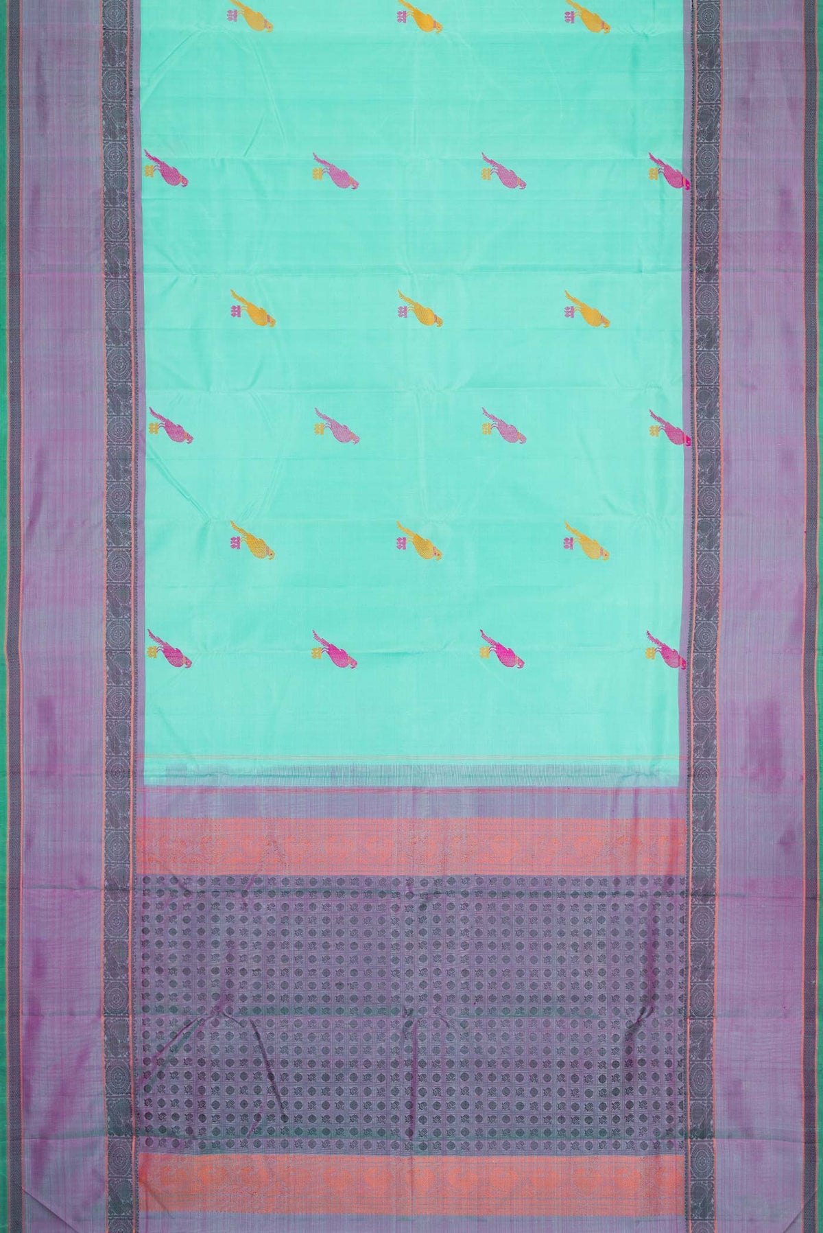 Flat view of Sky Blue Dual Tone Kanchipuram Silk Saree with Thread Butta on the body and Thread Border