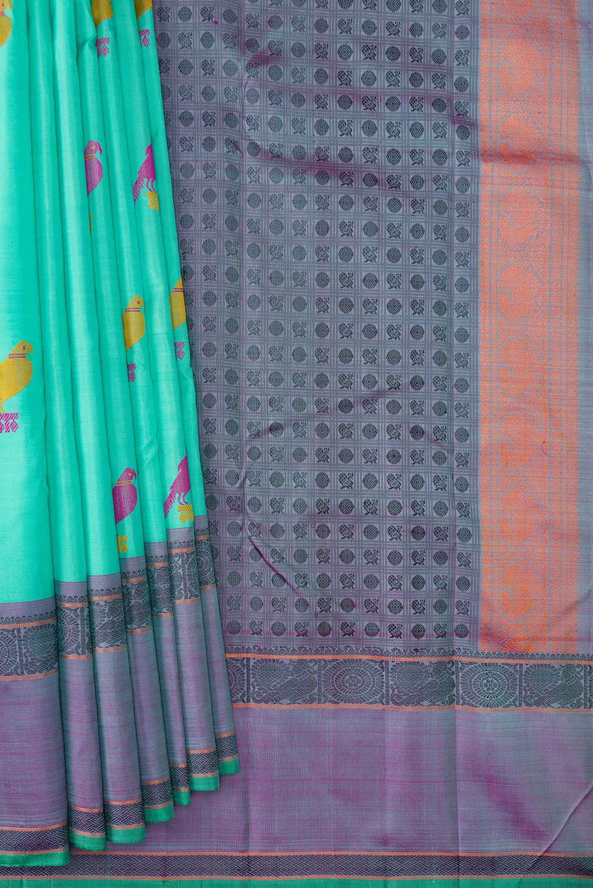 Pleats and pallu of Sky Blue Dual Tone Kanchipuram Silk Saree with Thread Butta on the body and Thread Border