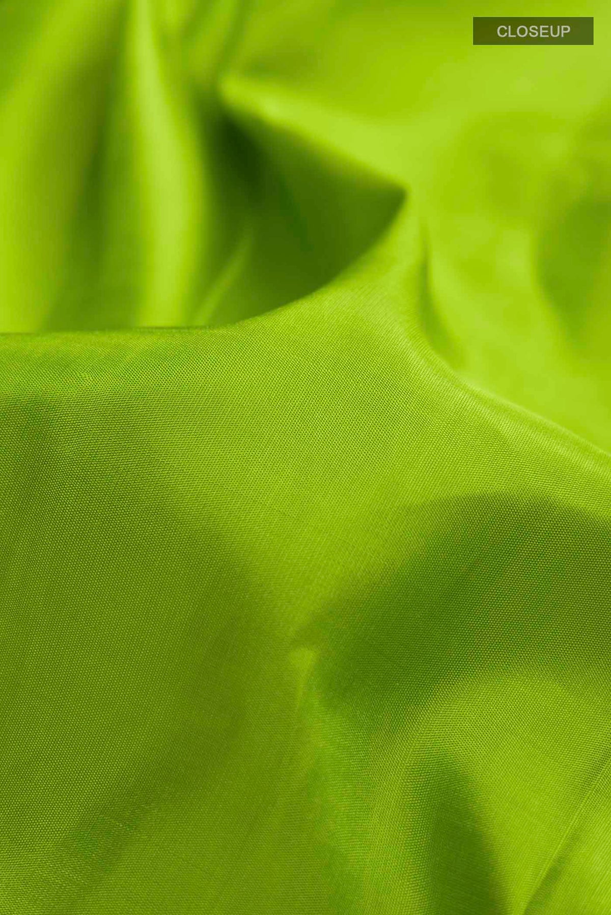 Close up of Green Kanchipuram Silk Saree with Plain Body and Thread Border displaying folds