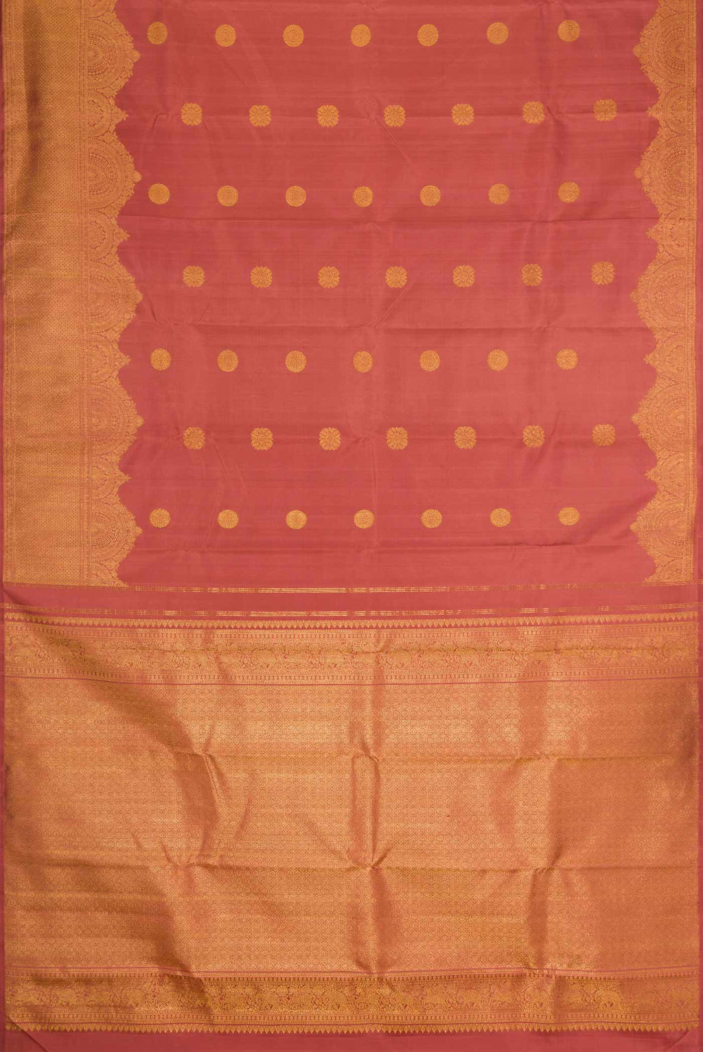 Flat view of Pure Silk Pure Zari Brown Dual Tone Kanchipuram Saree with Zari Butta on the body and Fancy Border