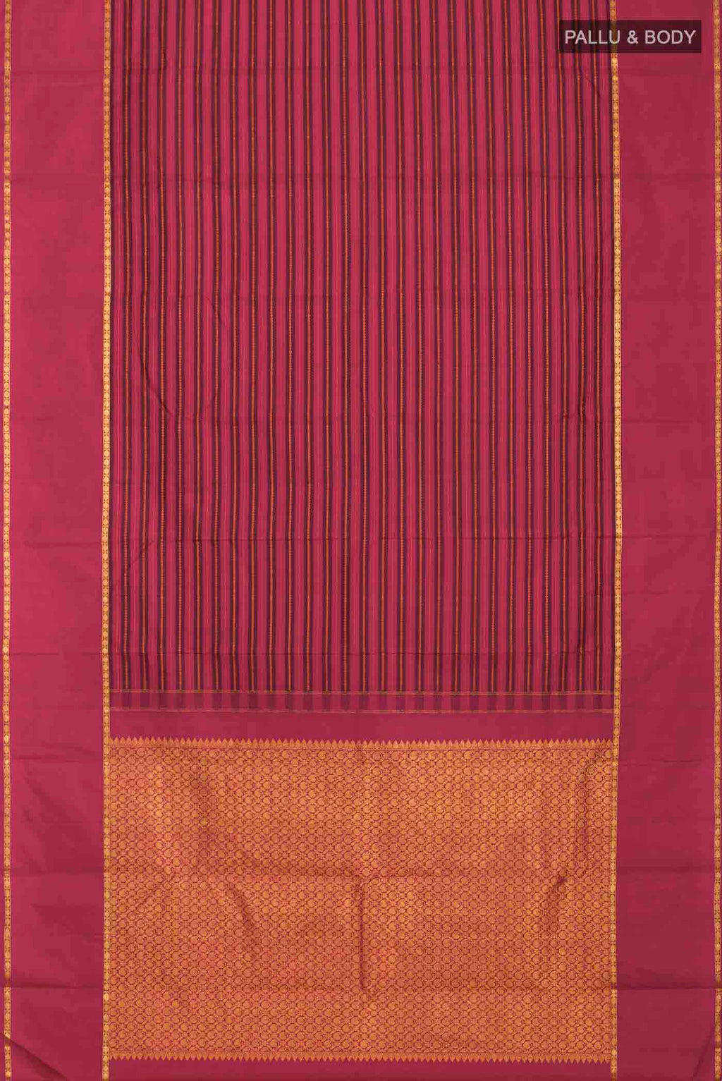 Flat view of Maroon Kanchipuram Silk Saree with Stripes on the body and Zari Border