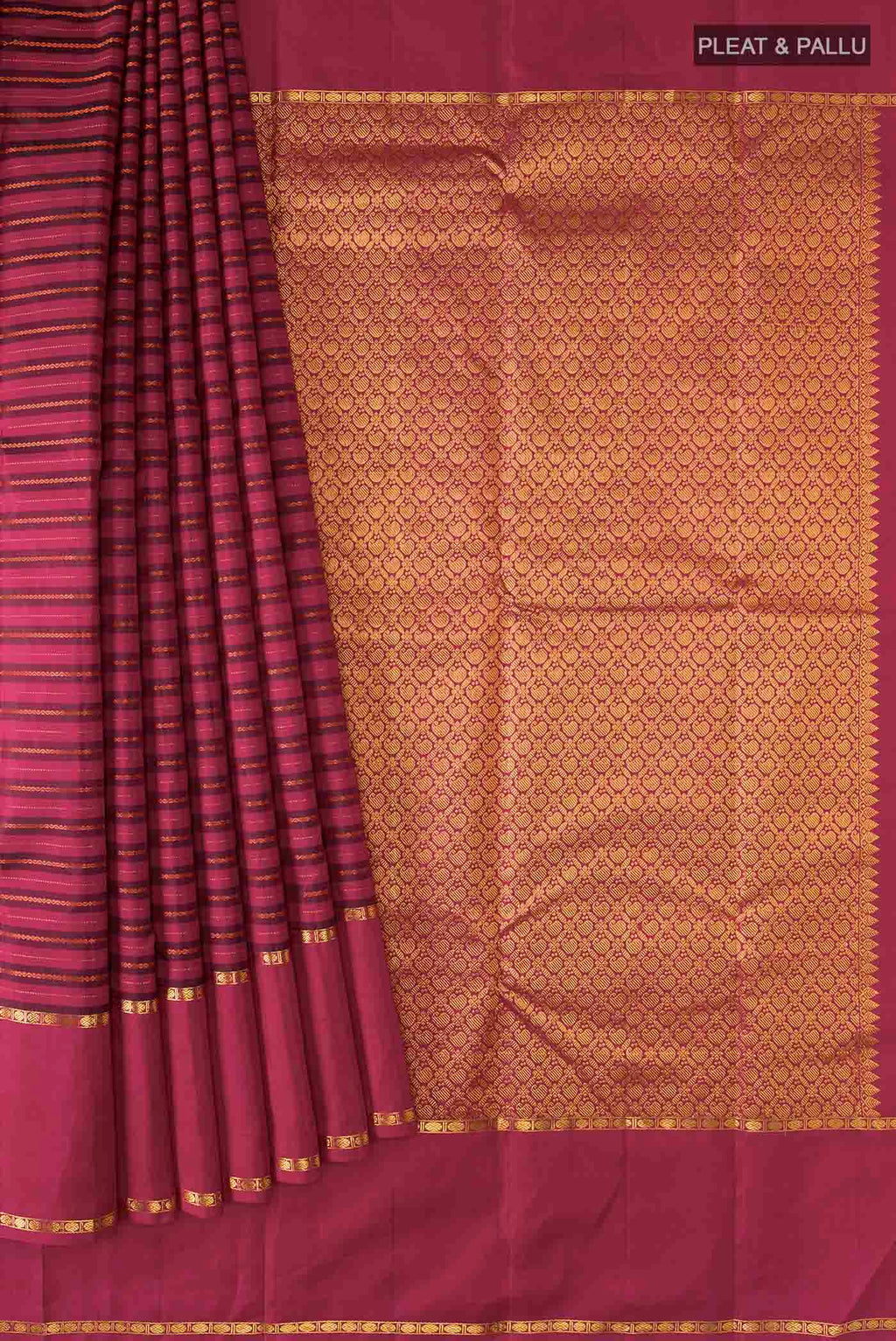 Pleats and pallu of Maroon Kanchipuram Silk Saree with Stripes on the body and Zari Border