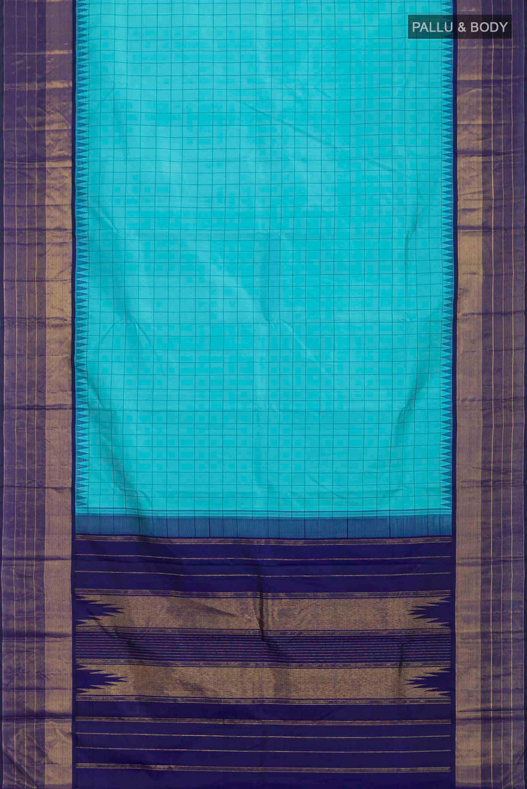 Flat view of Blue Kanchipuram Silk Saree with Checked design on the body and Zari Border