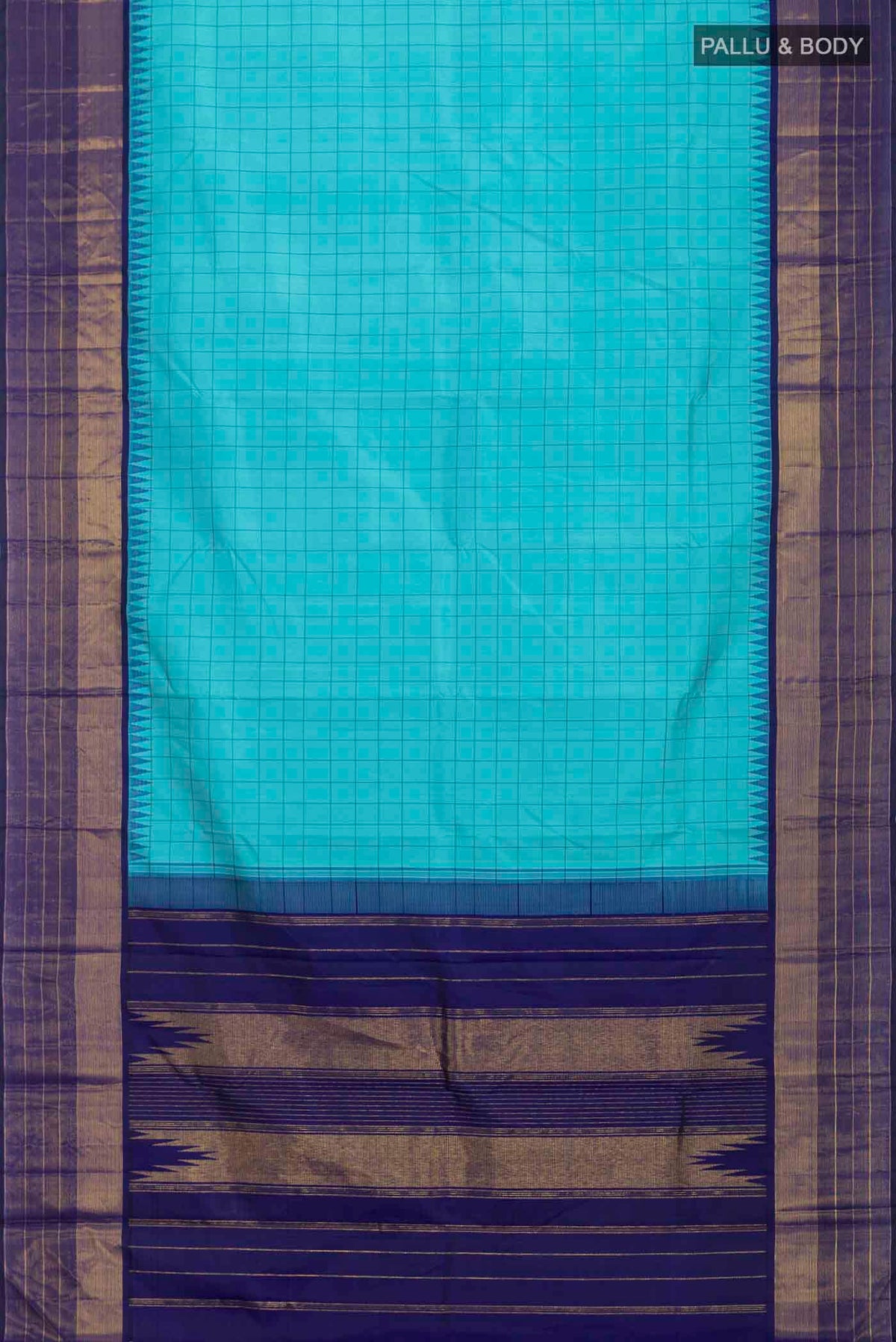 Flat view of Blue Kanchipuram Silk Saree with Checked design on the body and Zari Border