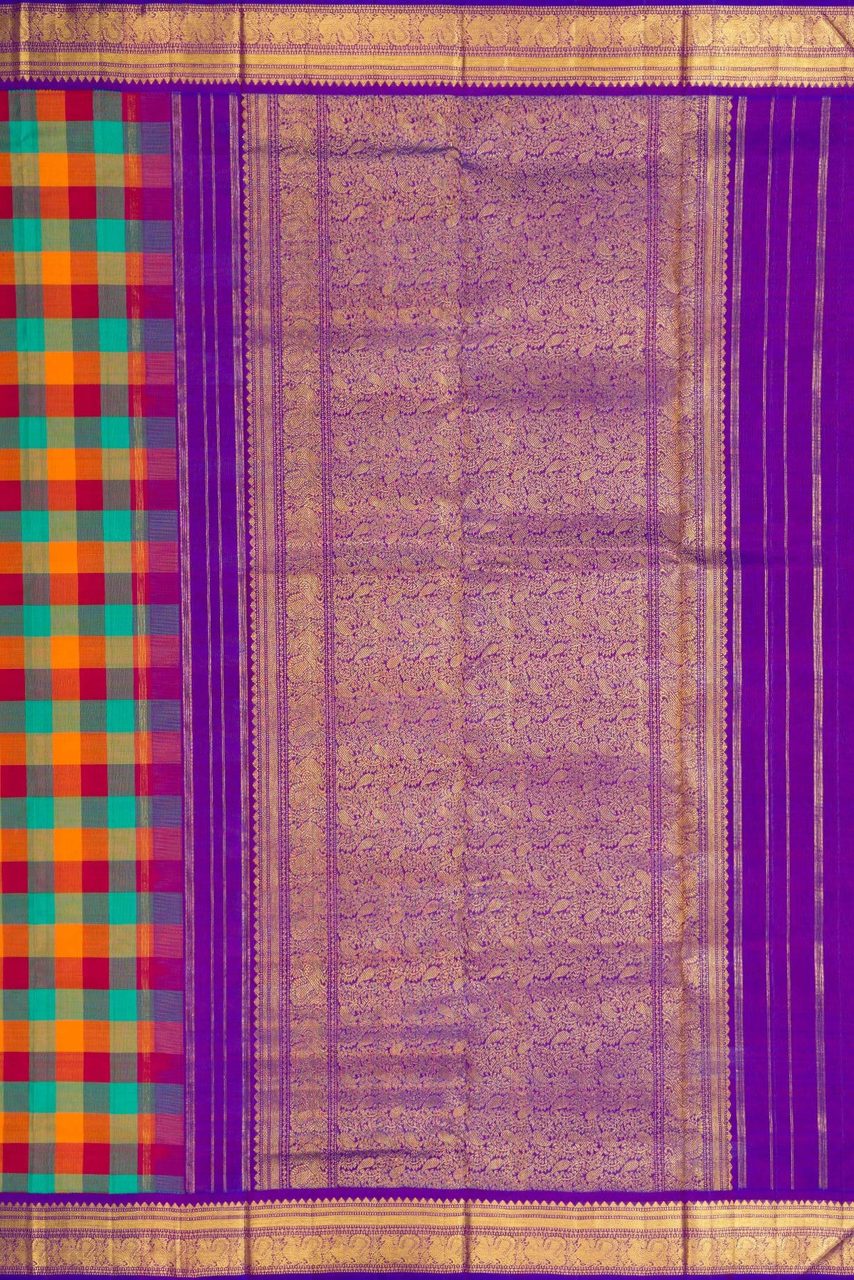 Close up image of the pallu of Pure Silk Pure Zari Green , Pink and Orange Color Kanchipuram Nine Yards Saree with Checked design on the body and Zari Border. 