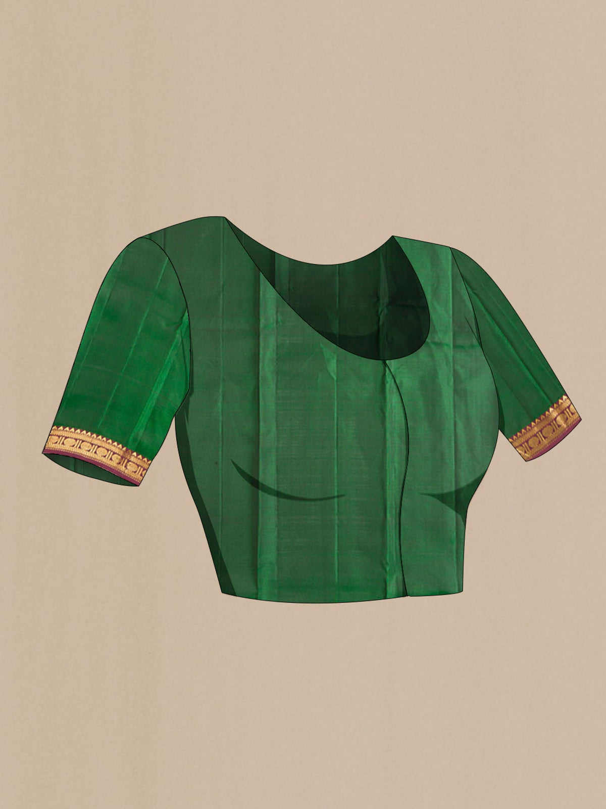 Close up image of the blouse of Green Kanchipuram Silk Saree with Zari Butta on the body and Zari Border